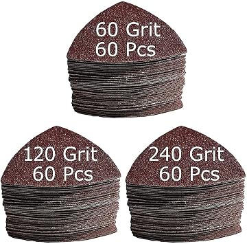 XXGO 180 Pcs 3-1/8 Inch 80mm Triangular Oscillating Multi Tool Sanding Pads Kits Include 60 Grits 120 Grits 240 Grits Triangular Multitool Sandpaper 60 Pcs Each XGM0309