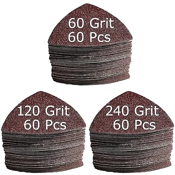 XXGO 180 Pcs 3-1/8 Inch 80mm Triangular Oscillating Multi Tool Sanding Pads Kits Include 60 Grits 120 Grits 240 Grits Triangular Multitool Sandpaper 60 Pcs Each XGM0309