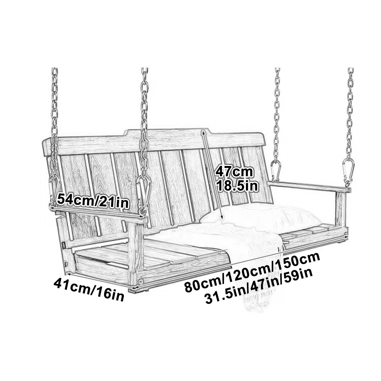 Altalena da Esterno in Legno per 2 Persone, Panca Sospesa per Altalena da Esterno Resistente da 350 kg, Catene Superiori Regolabili da 500 cm, Schienale a Doghe(Blue,150cm/59in)