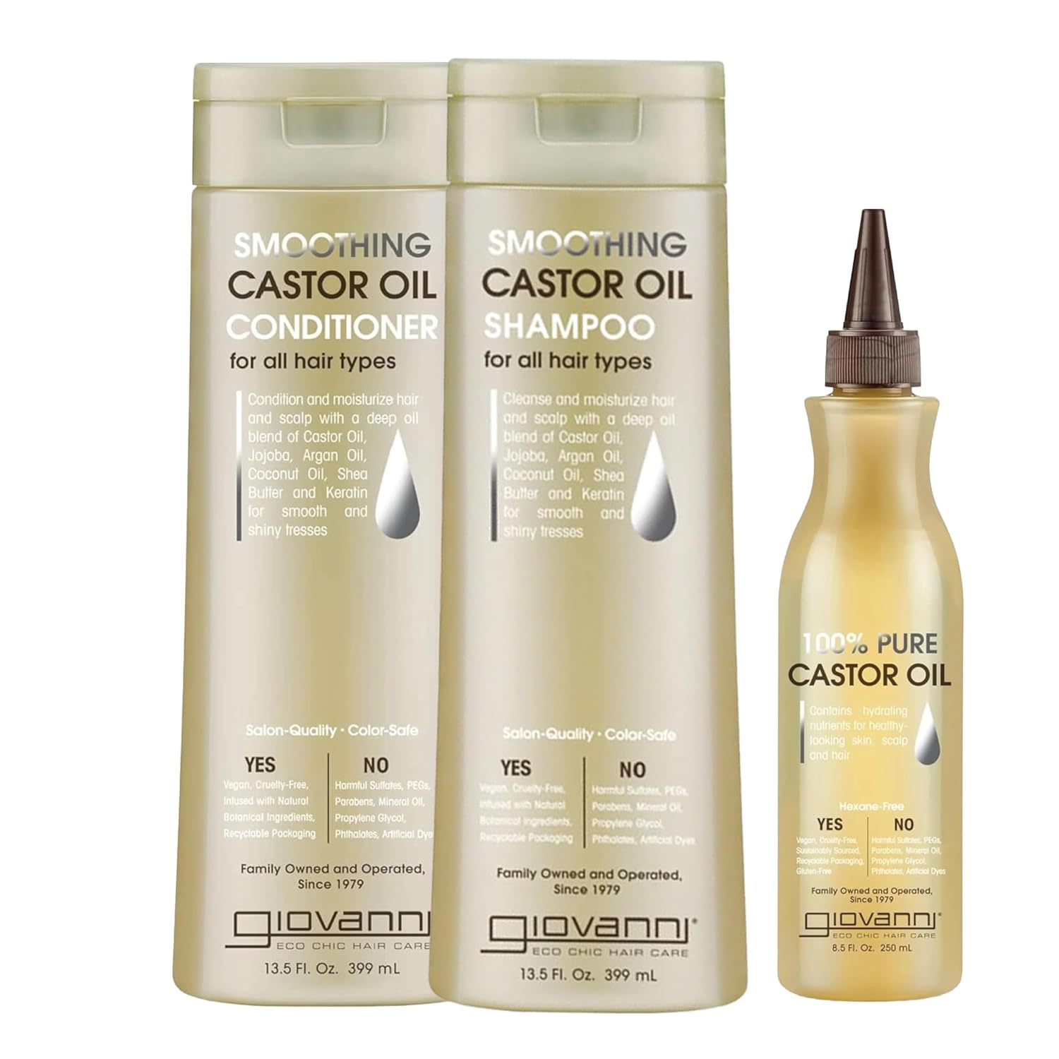 GIOVANNI Castor Oil Trio - Shampoo, Conditioner, & Castor Oil, All Hair Types, Moisturize Hair & Scalp, Hydrate & Tame Frizz, Jojoba, Argan Oil, Coconut Oil, Shea Butter, Keratin - Pack of 3
