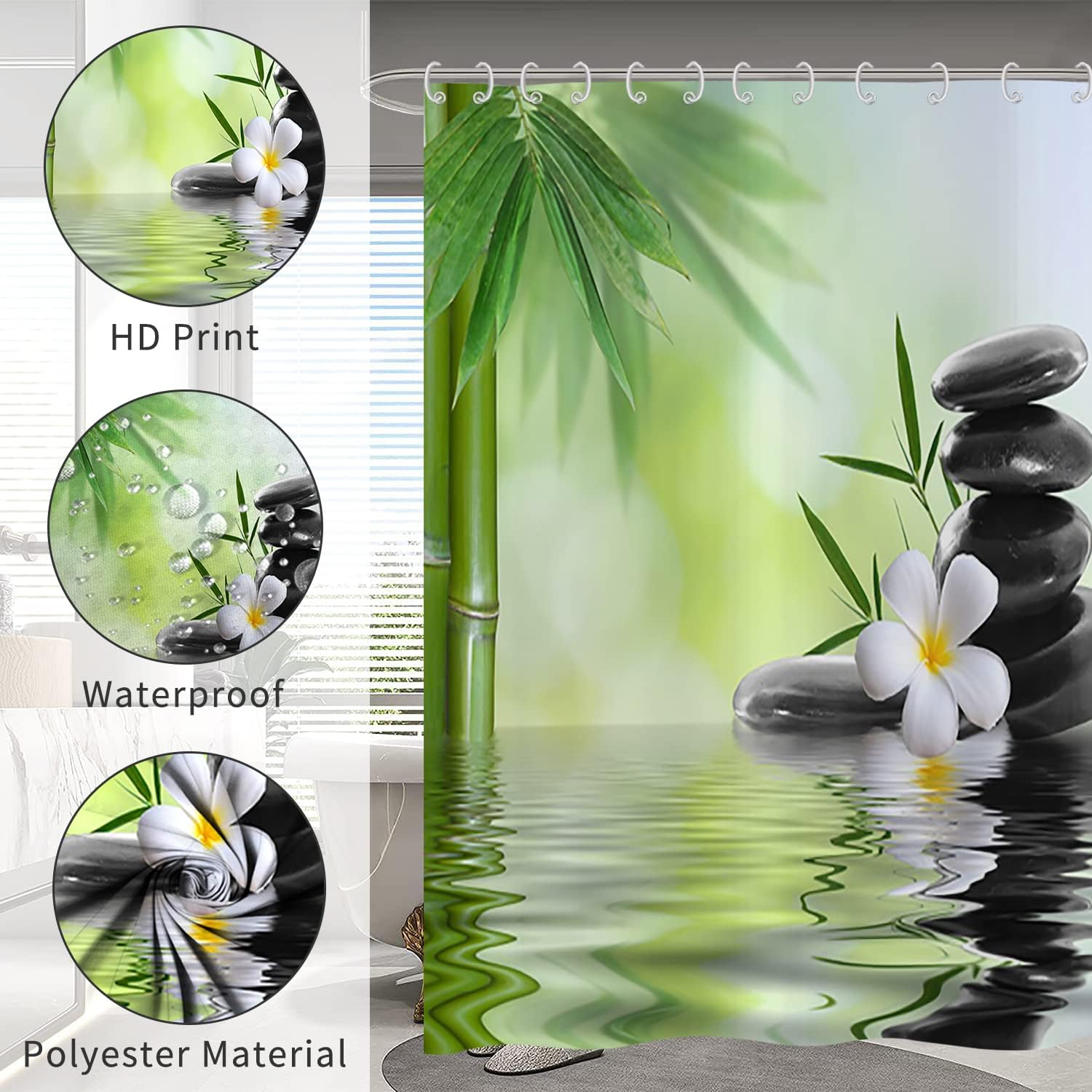 Spa Grüner Bambus Duschvorhang 300x180cm Schwarzer Stein Weiße Blume Frühling Zen Meditation Garten Duschvorhang Anti Schimmel, Polyester Stoff Waschbar Duschvorhänge für Badezimmer