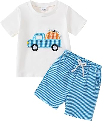 Toddler Boy Halloween Outfit Truck Pumpkin Embroidered T-shirt+Striped Shorts Fall Set