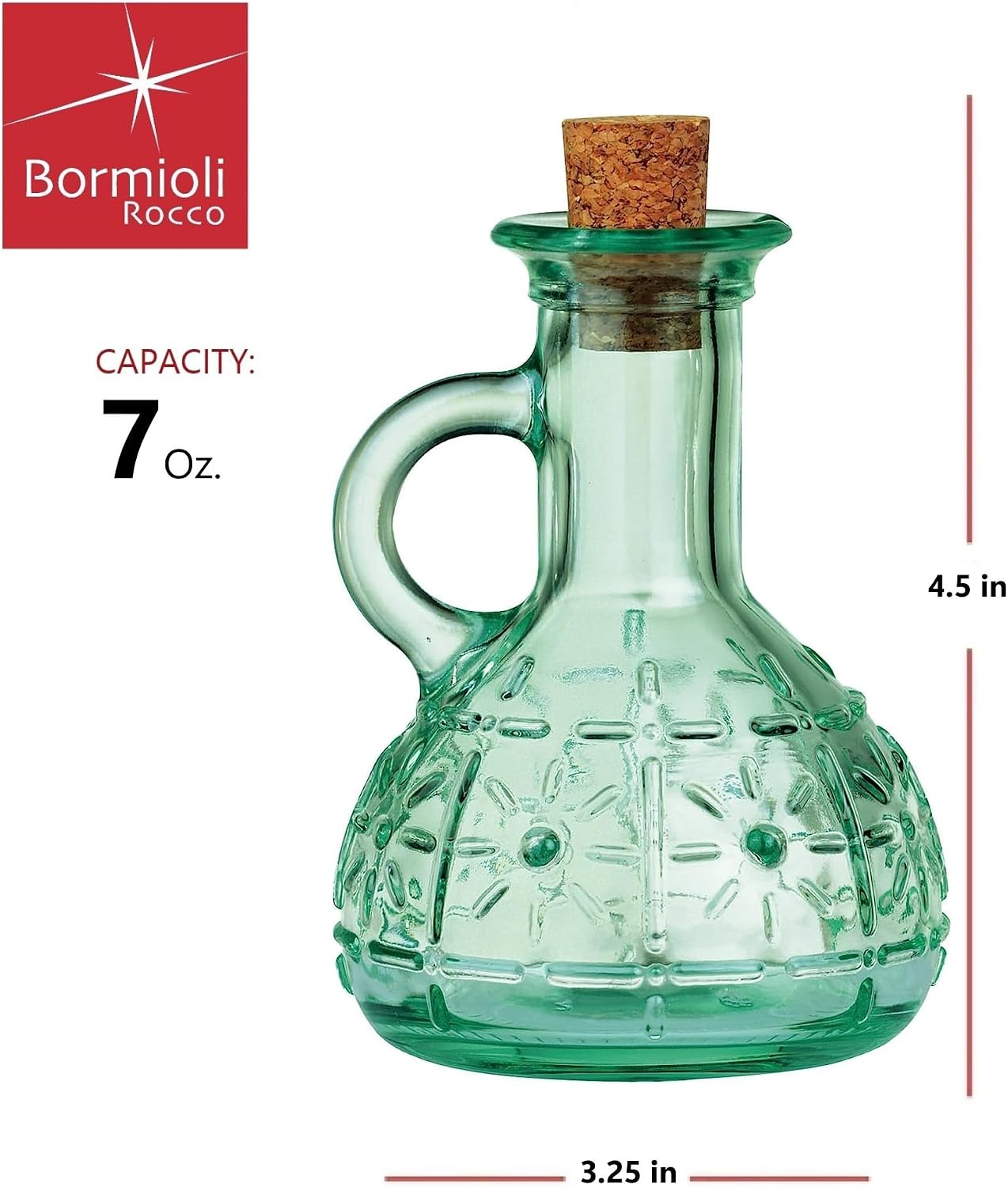 Bormioli Rocco Olivia Cruet Bottle with dimensions: 7 oz capacity, 4.5 inches height, 3.25 inches width