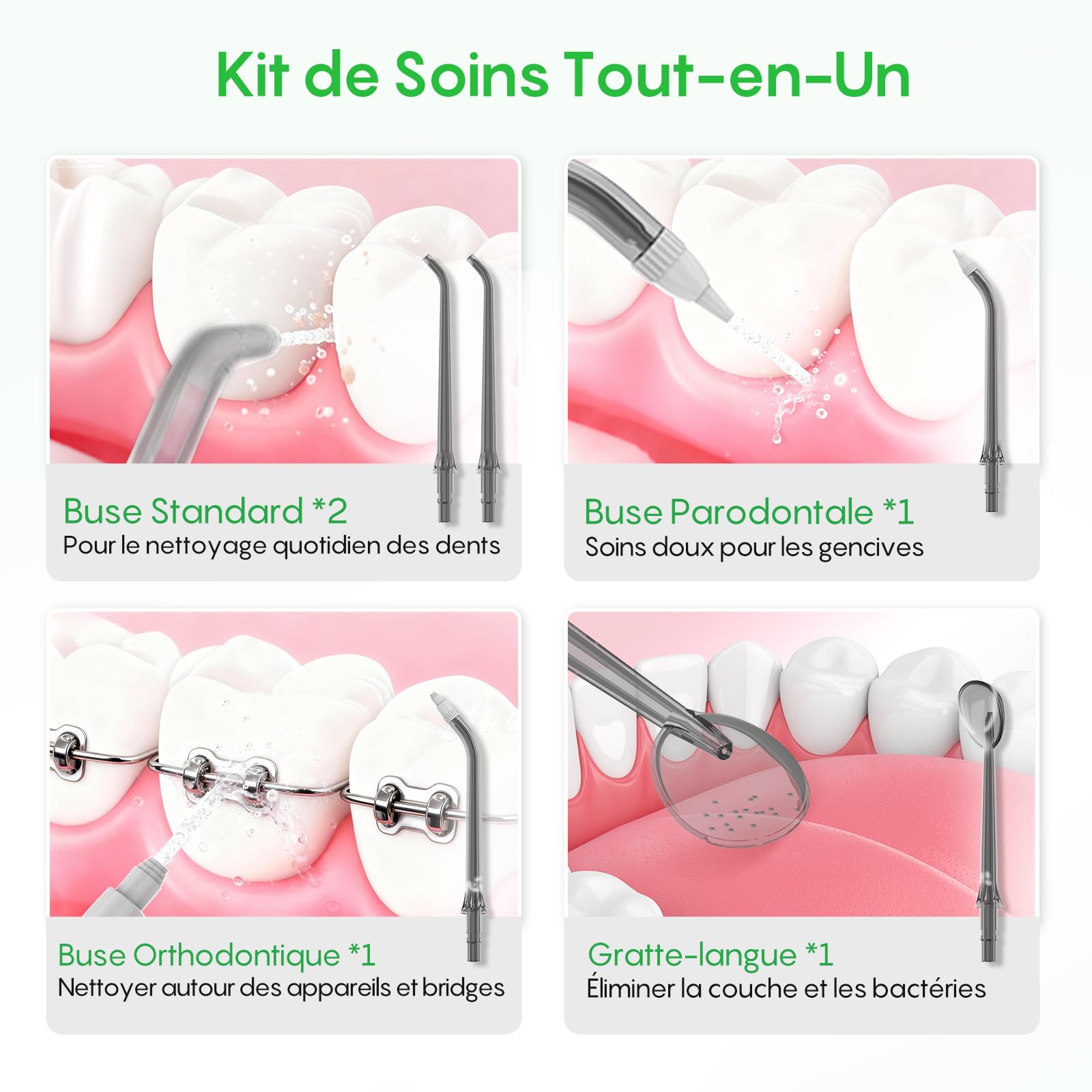 FRESKO Hydropulseur Dentaire, 300ML Irrigateur Buccal avec 4 Modes 45-105PSI, Batterie 2600mAh, Etanche IPX7, 5 Buses pour Appareils Dentaires Et Implants, Nettoyeur Dentaire Portable