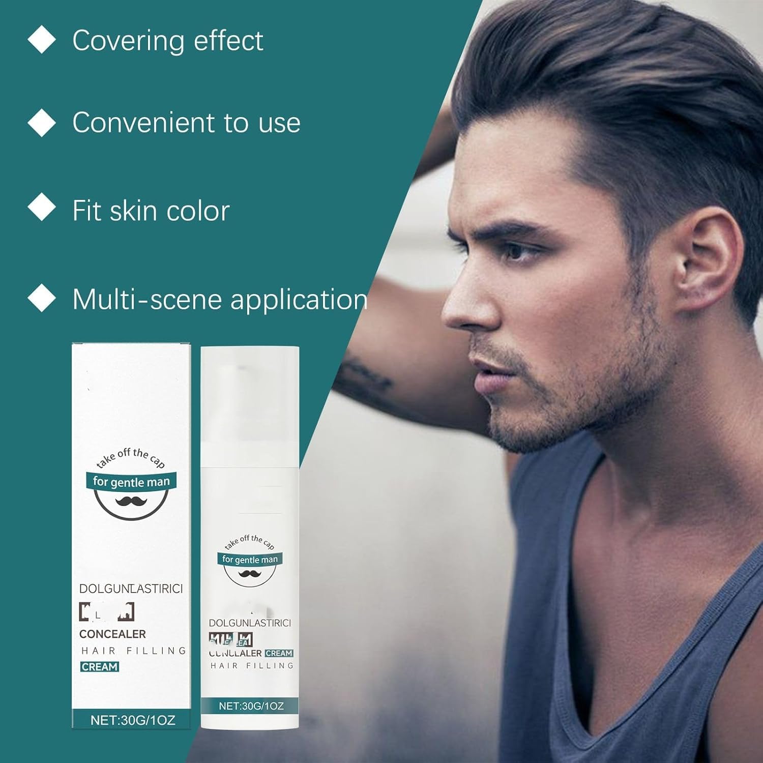 Crème anti-cernes, soin capillaire quotidien, cache les zones chauves, couvre les zones clairsemées en quelques secondes, modifie la texture du cuir chevelu et masque les démarcations.