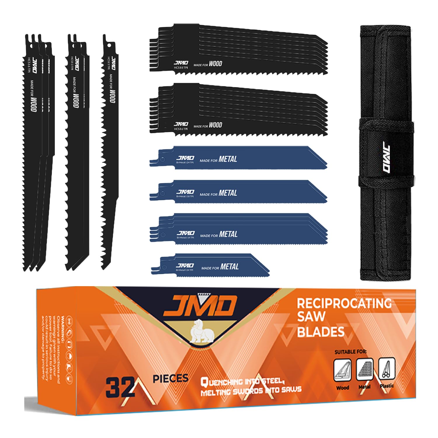 JMD 32-Piece 4/6/9 Inches Reciprocating Saw Blades Set for Wood Metal Cutting Saw Blades for Reciprocating Saw with Organizer Pouch