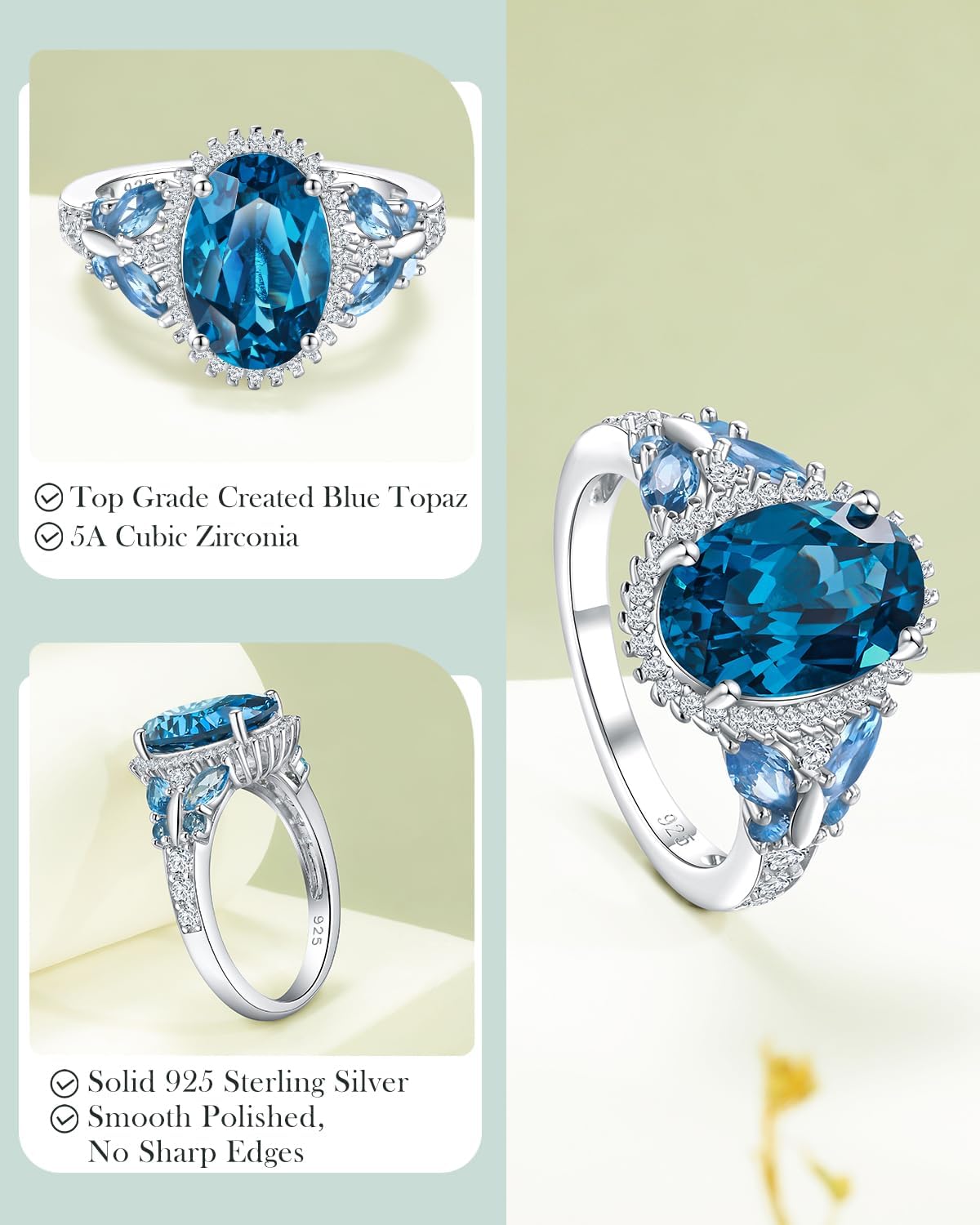925 Sterling Silver Big Oval Engagement Ring for Women Butterfly Birthstone Halo Rings Birthday Cocktail Anniversary Jewelry(with Gift Box)