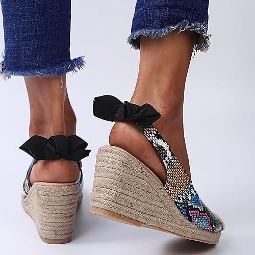 oiangi Espadrille Wedge Sandals for Women Dressy Summer Fashion Closed Toe Serpentine Bow Tie Slingback High Heel Sandals Comfy Outdoor Ladies Shoes(Multicolor,5.5)