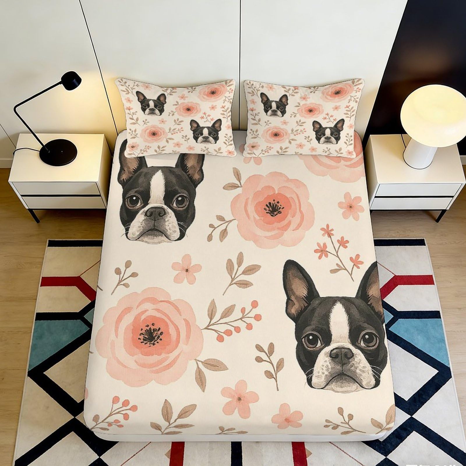 3D Printed Boston Terrier Floral Fitted Sheet Microfiber Soft Pink Flowers Bed Cover for Bedroom Dorm Decor 90x200x25cm