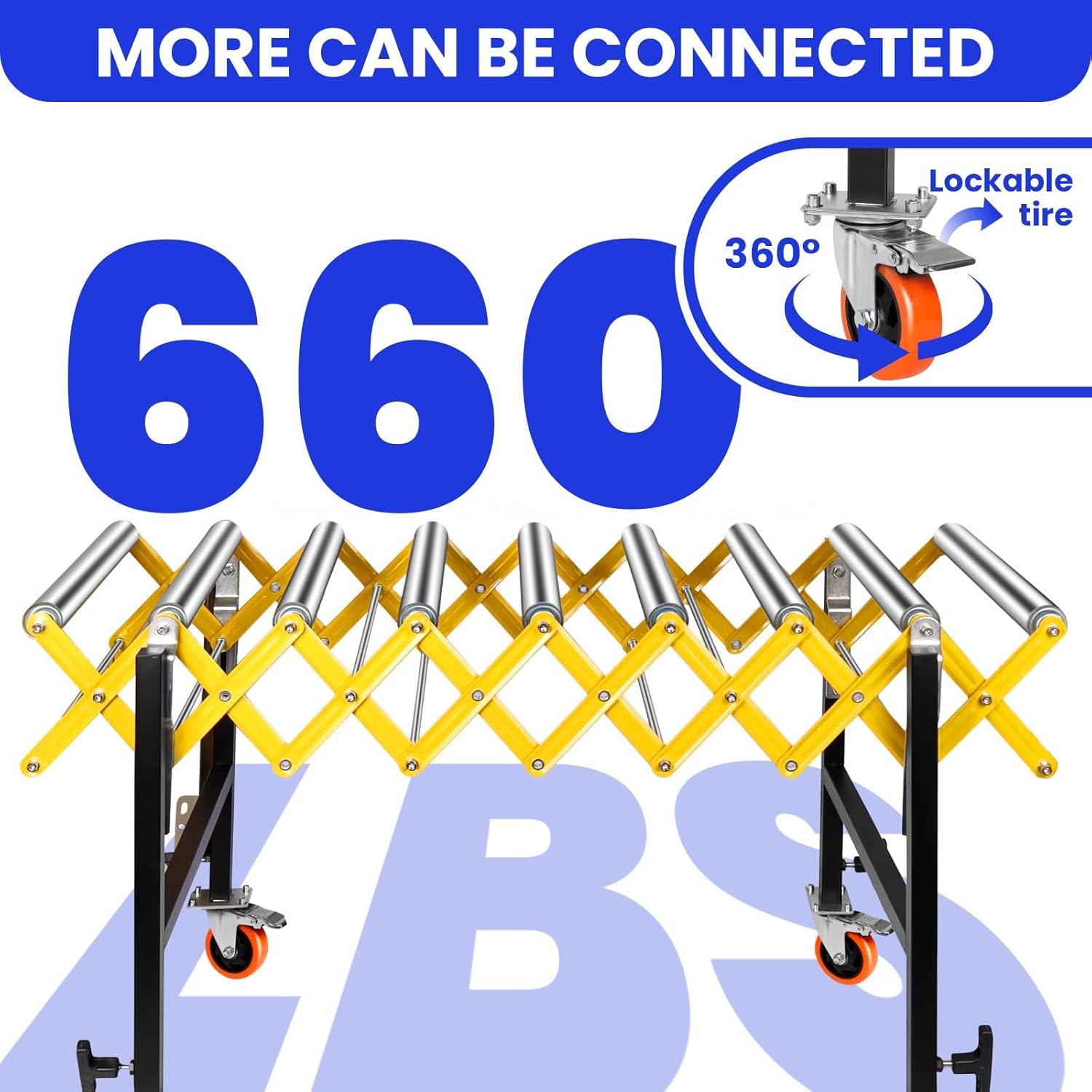 Roller Conveyor, 30"-50" Height Adjustable, 660lbs Heavy Duty Folding Roller Stand with Locking Swivel Castor, 22'' Wide Conveyor Belt for Infeed, Outfeed Table and Planer (Yellow 38MM)