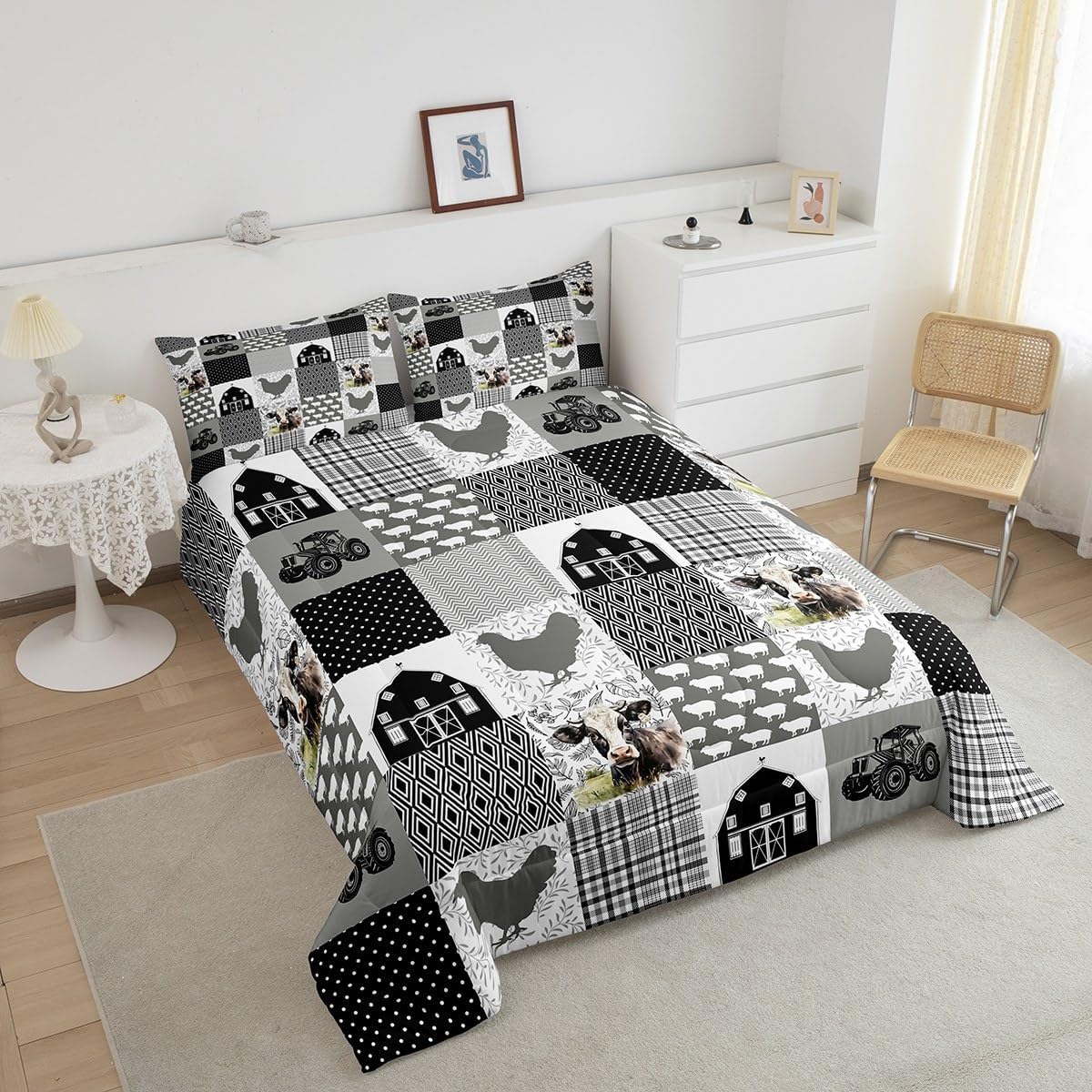 Farmhouse Barn Comforter Set Twin Size,Milk Cow Chicken Pig Animals Rustic Bedding Set for Kids Boys Men,Black Plaid Dots Modern Art Geometric Quilted Duvet Set with 1 Pillowcase