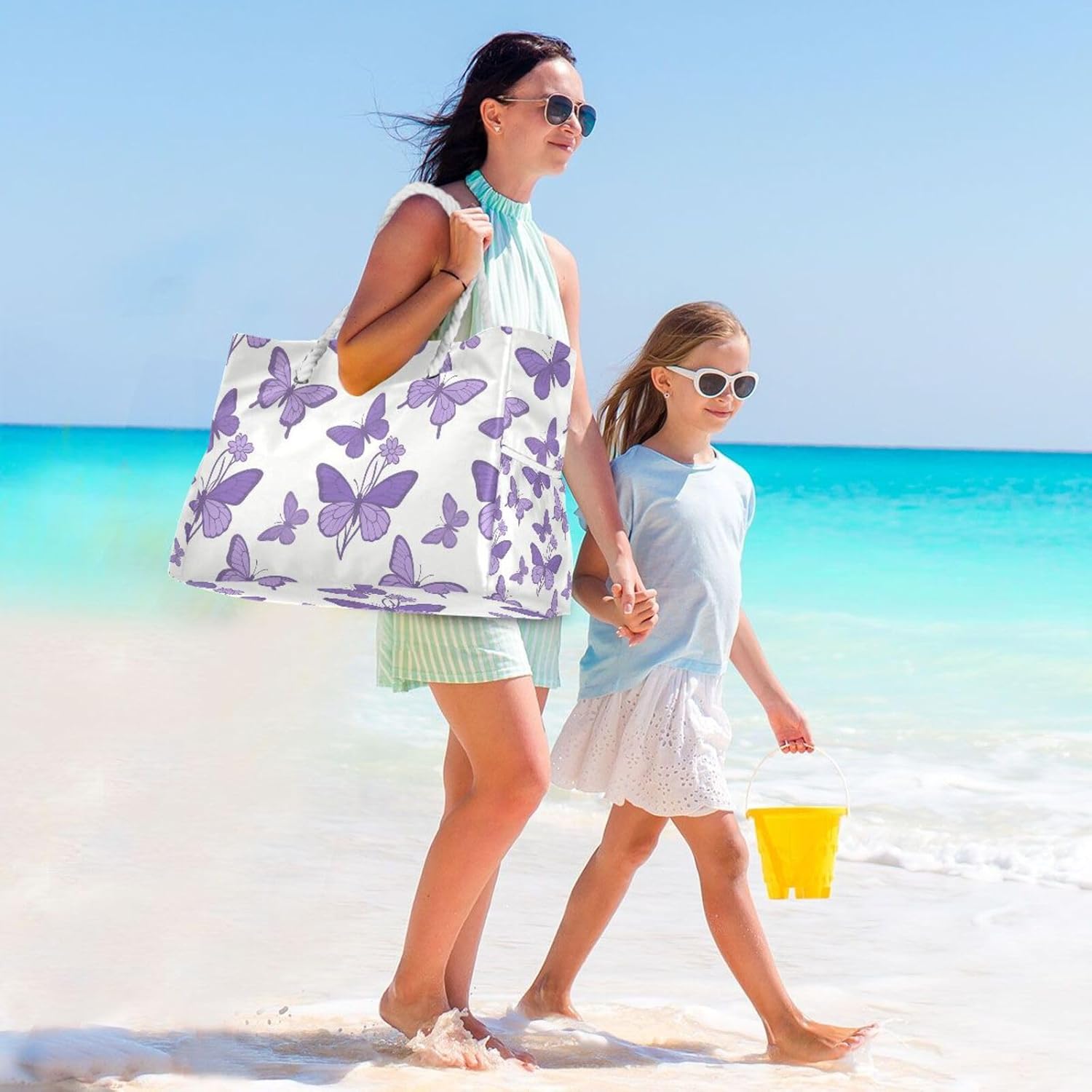 OTVEE Purple Butterflies Pattern Beach Bags for Women Ladies Large Canvas Tote Shoulder Bag Waterproof Travel Bags for Gym Swim Pool Camping