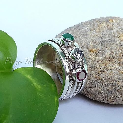 Miniatura 4 de Multi Gemstone Spinner Ring, Anxiety Ring, Ruby Band Ring, 925 Sterling Silver Band, Spinner Ring For Women, Gift Ring For Mother's Day, Fidget