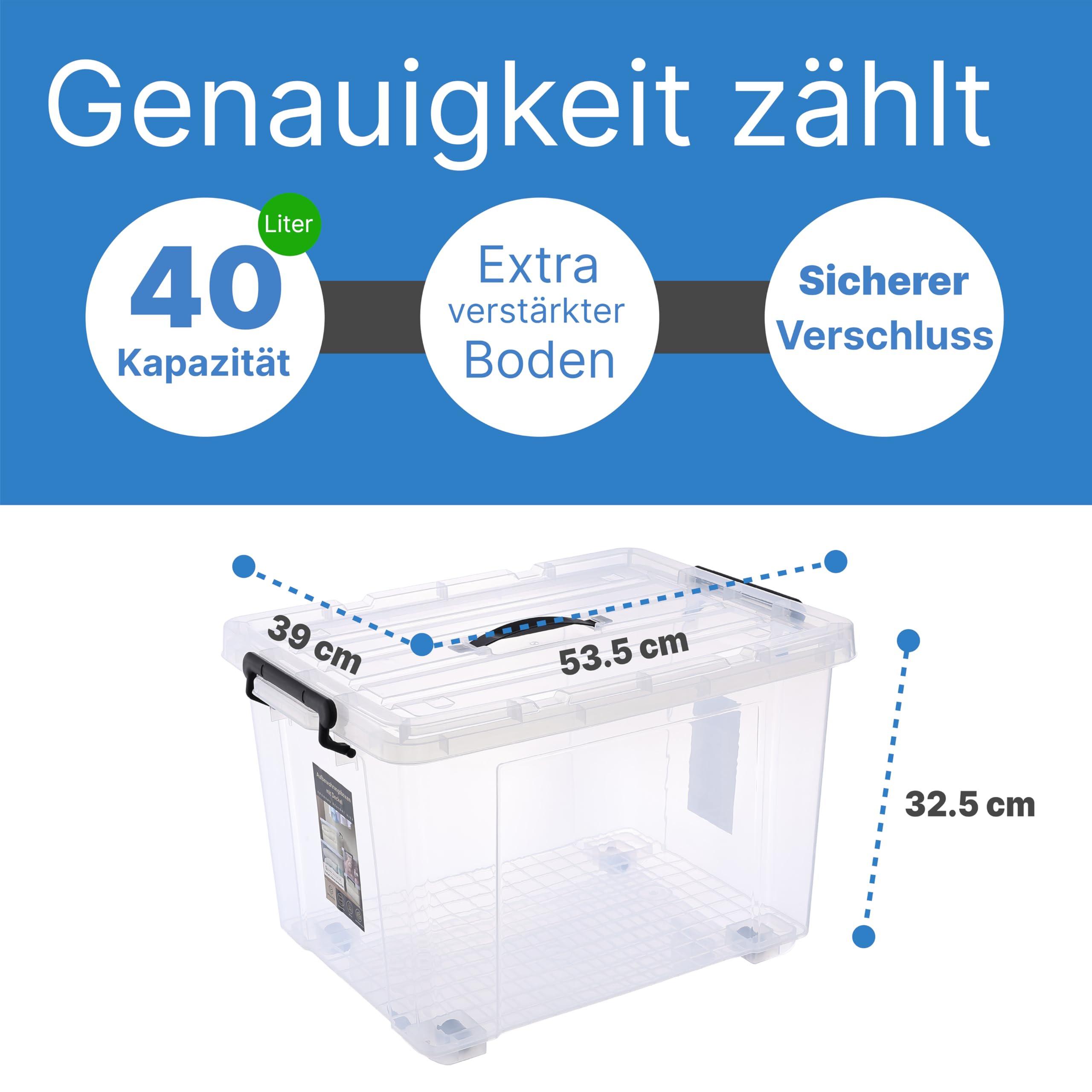4er Set 45L robuste Aufbewahrungsboxen mit Deckel L53.5xB39xH32.5 cm inkl. Tragegriff, Plastikboxen, stapelbar, lebensmittelecht, transparente kleine Kisten für Wohnung, Werkstatt & Keller