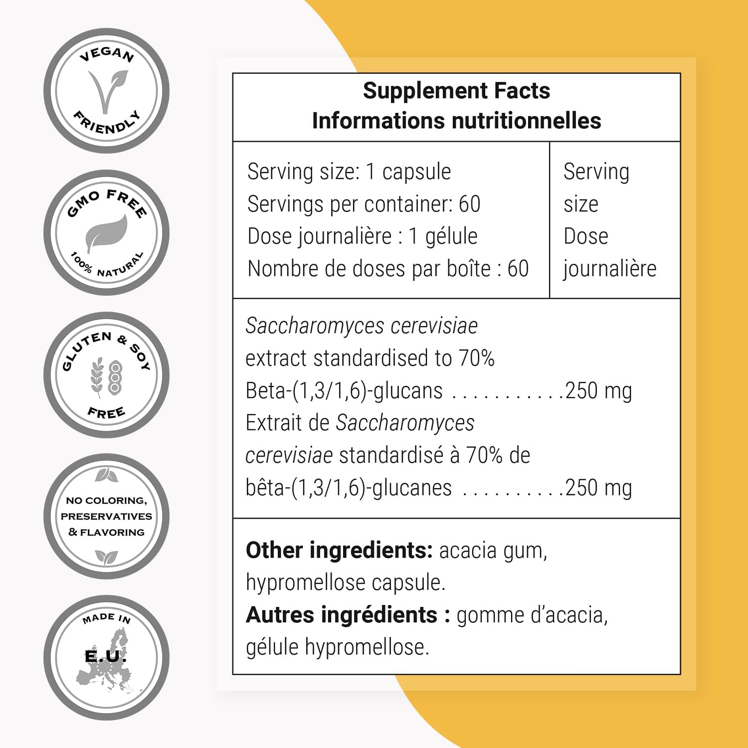Supersmart - Beta Glucan Supplement 250mg per Day (High Strength) - Beta 1.3/1.6 Glucans - Saccharomyces Cerevisiae Extract | Non-GMO & Gluten Free - 60 Vegetarian Capsules