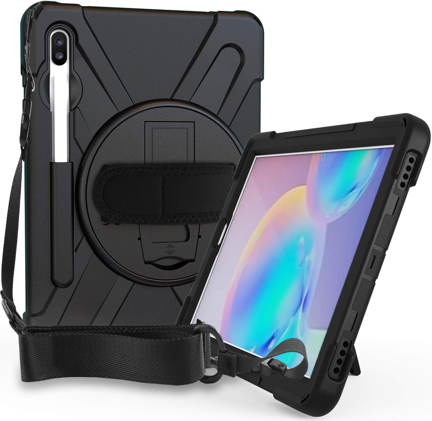 ProCase Galaxy Tab S6 10.5” 2019 Case with S Pen Holder (Model SM-T860/T865/T867), Rugged Heavy Duty Shockproof Case with Hand Strap Rotating Kickstand Protective Cover Case –Black