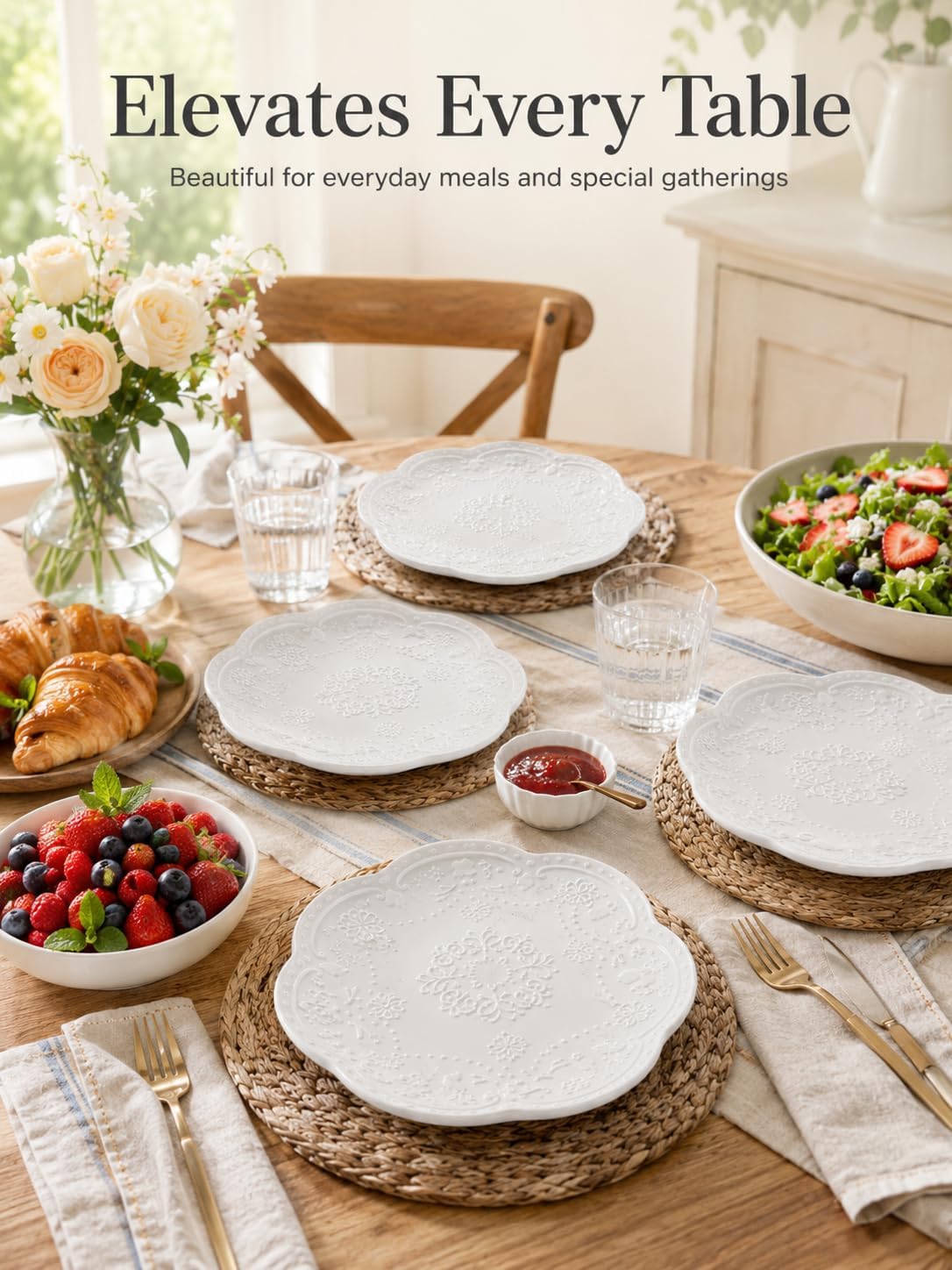8 Inch Ceramic Salad Plates Set of 4, White Embossed Floral Butterfly Appetizer Plates with Scalloped Edge, Dessert Plates for Salad, Breakfast, Snacks, Microwave Oven Dishwasher Safe
