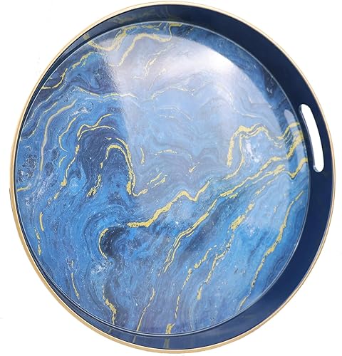 Bandeja decorativa redonda de mármol azul con asas, bandeja de plástico Morden de 13 pulgadas para mesa auxiliar, baño, otomana, decoración del hogar