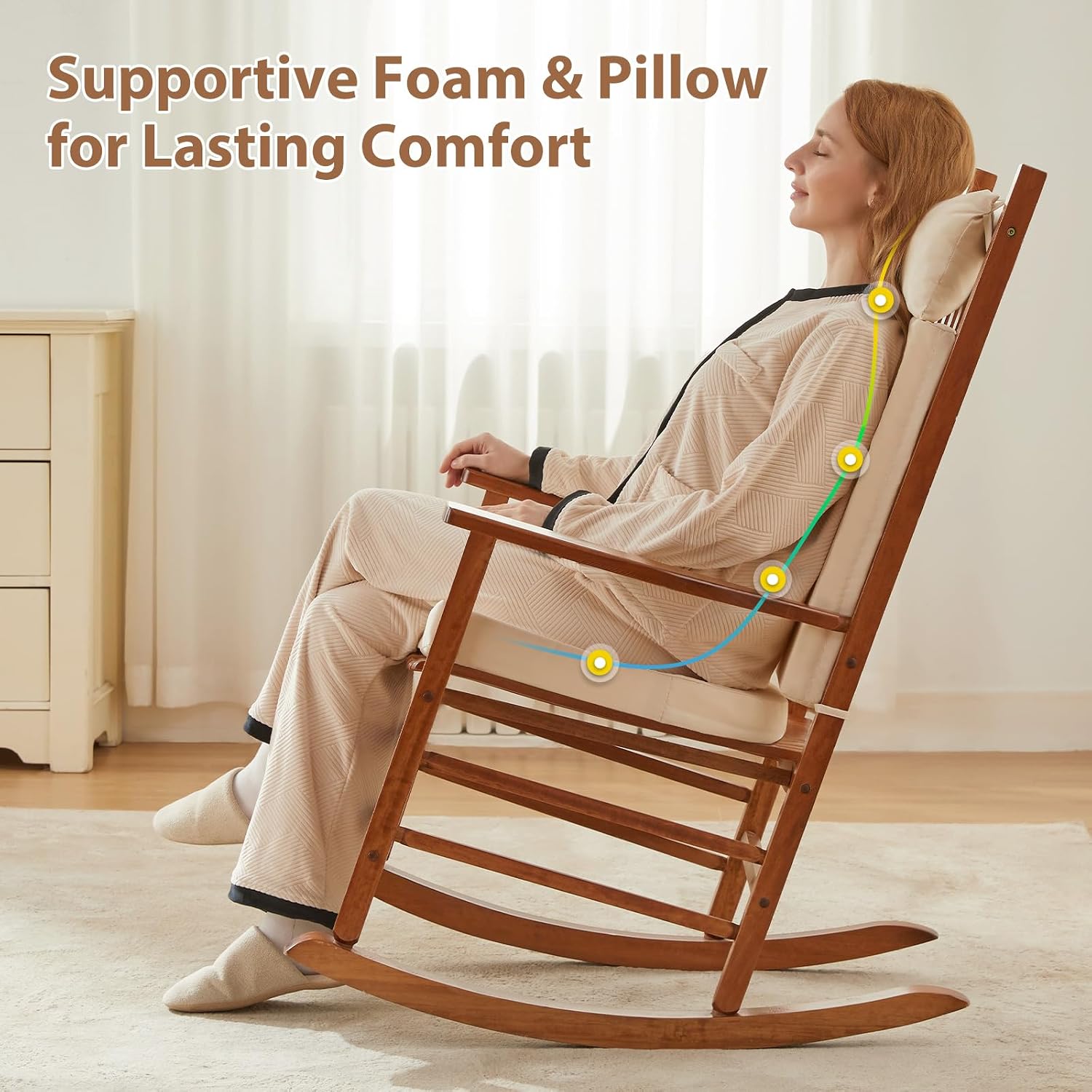 Waterproof Rocking Chair Cushions Outdoor & Indoor, Wooden Rocking Chair Pads, Non-Slip Large Glider Rocker Replacement Cushions with Pillow & Ties,Seat Back Cushion for Rocker Beige