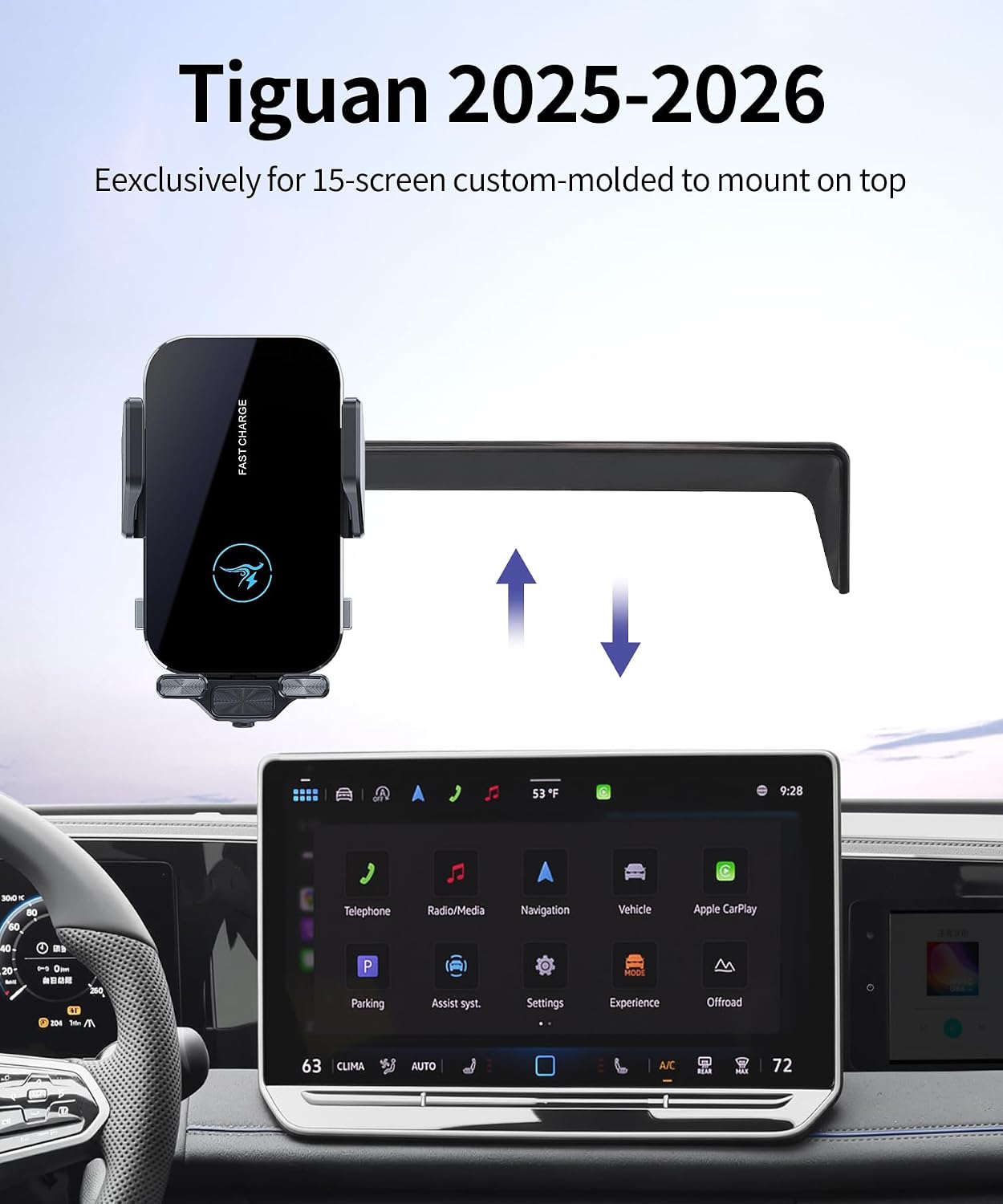 15W Wireless Fast Charger for Volkswagen Tiguan 2025-2026 Accessories 15 inch Screen Fixed Clip, Interior Decoration Mobile Phone Mount, 360° Rotation, Vehicle-Specific Custom Mount