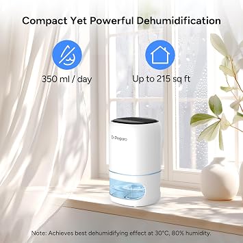Dr. PREPARE 1000ml Dehumidifiers for Home, Small Dehumidifier for Bedroom, Ultra-Quiet, Auto Off, 3 Timer Functions, Portable Dehumidifier Remove Damp, Mold for Dorms, Offices, RVs, Garages - White