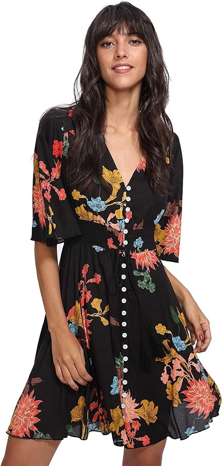 Milumia Women's Boho Button Up Split Floral Print Flowy Party Dress
