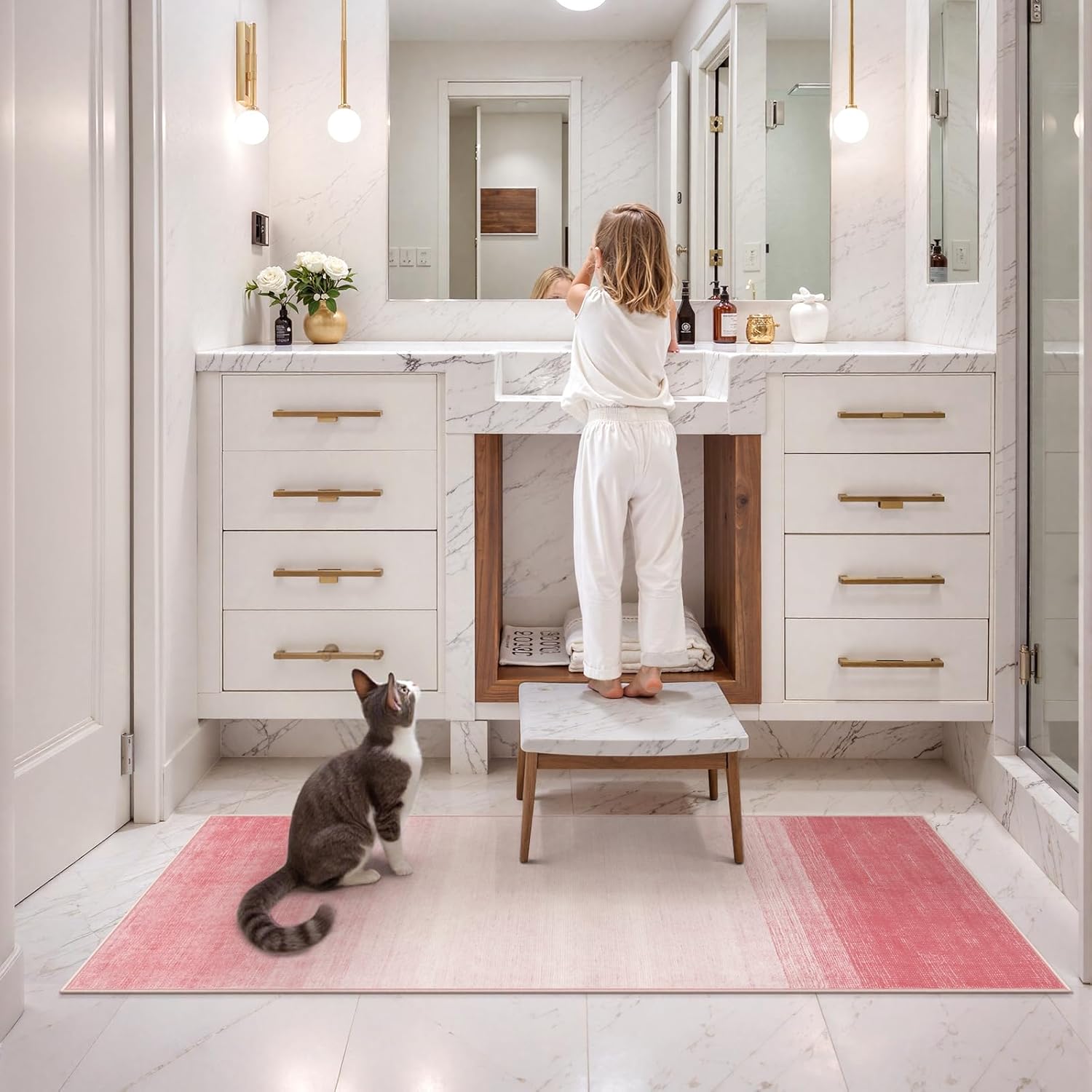 Wonnitar Washable Pink Rug Runners 2x6, Modern Ombre Bathroom Runner Rug, Contemporary Non-Slip Hallway Runner, Gradient Bedroom Girls Carpet Runner for Laundry Room Bath (Pink, 2'x6')