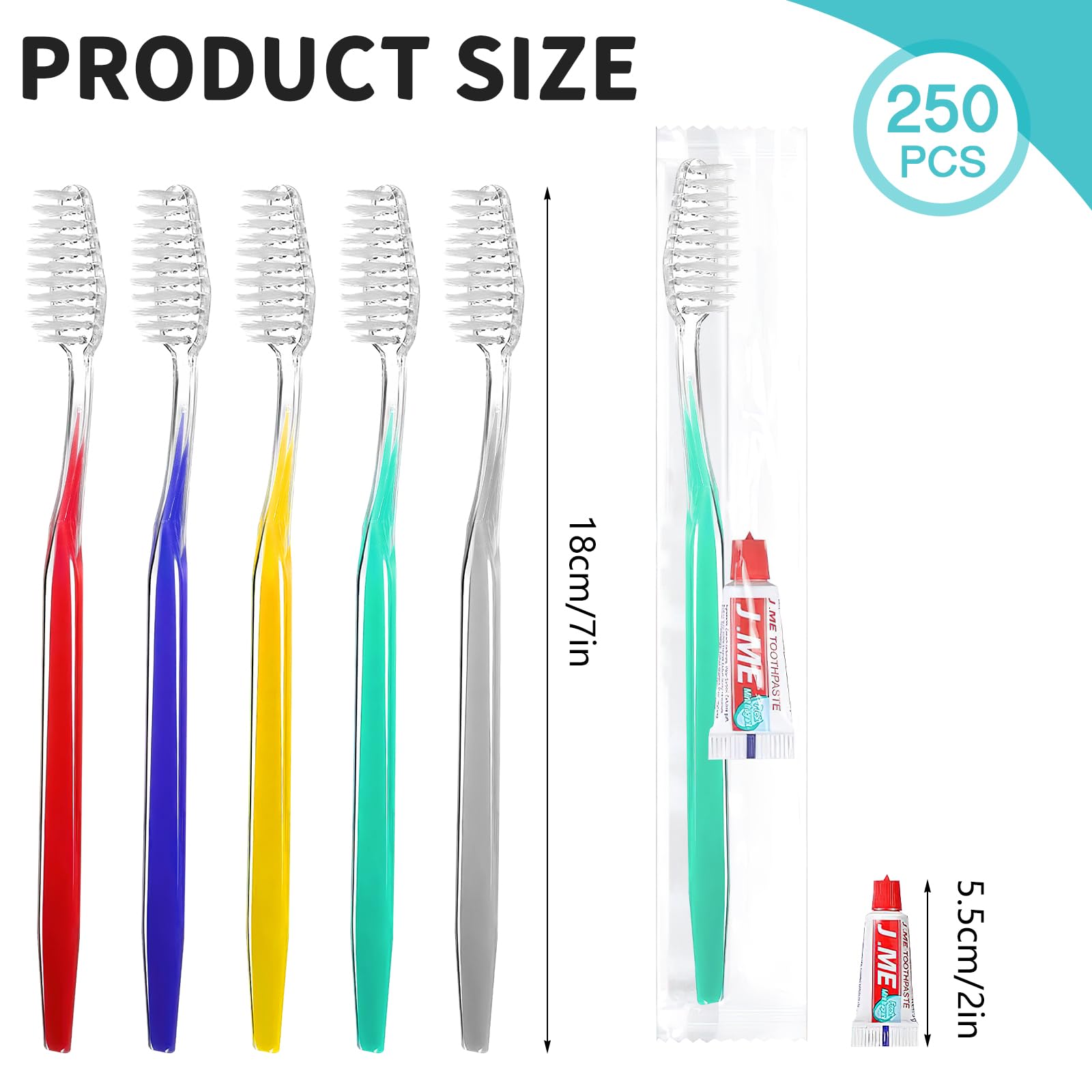 Confezione da 250 spazzolini usa e getta con dentifricio, da viaggio, con setole morbide, confezionati singolarmente per hotel, ospiti, viaggi, casa, 5 colori (250)