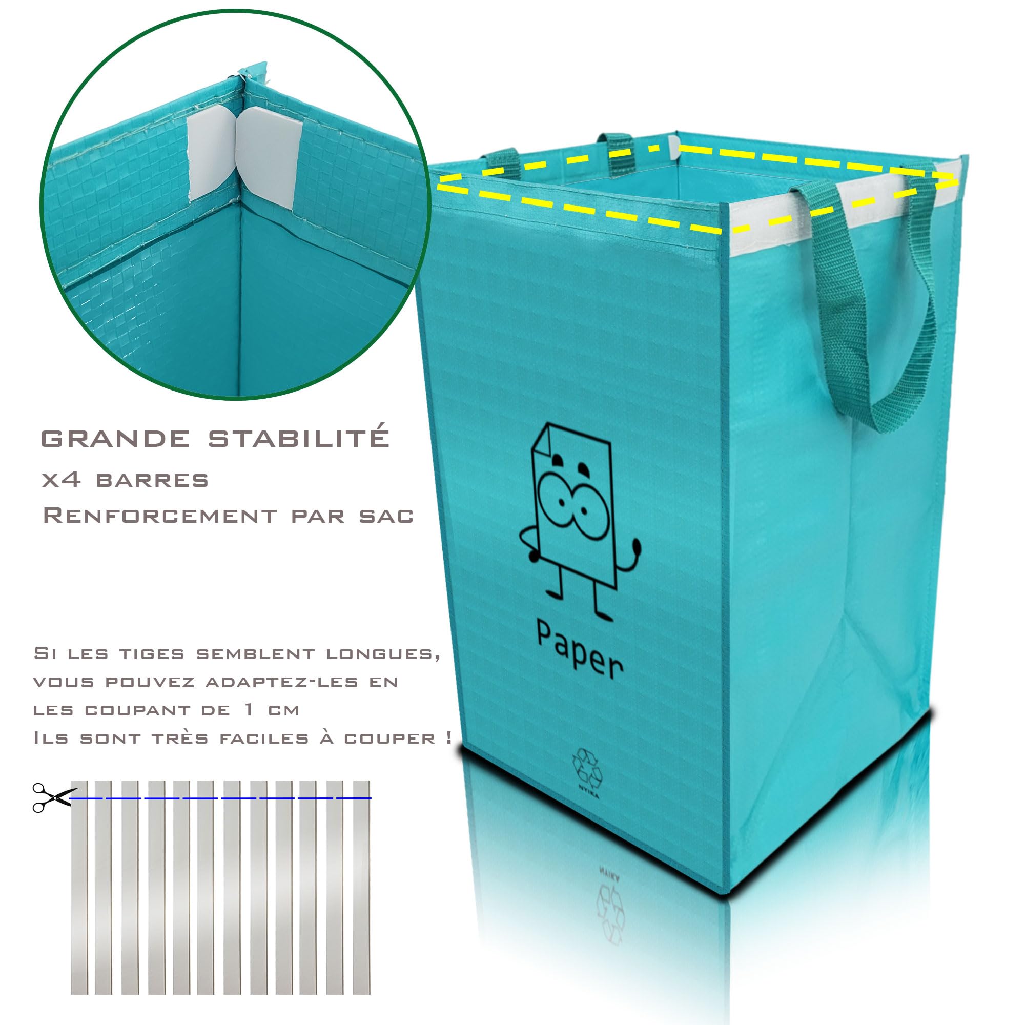 Poubelle Tri Sélectif 3 Bacs NYIKA - Déchets, Recyclage Plastique, Verre, Papier, 84x28x50 Cm