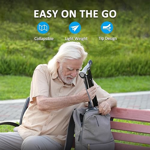 Miniatura 7 de Bastón de caminar para hombres y mujeres - Bastón pivote de pie, ajustable, plegable para personas mayores y adultos con correa para la muñeca,