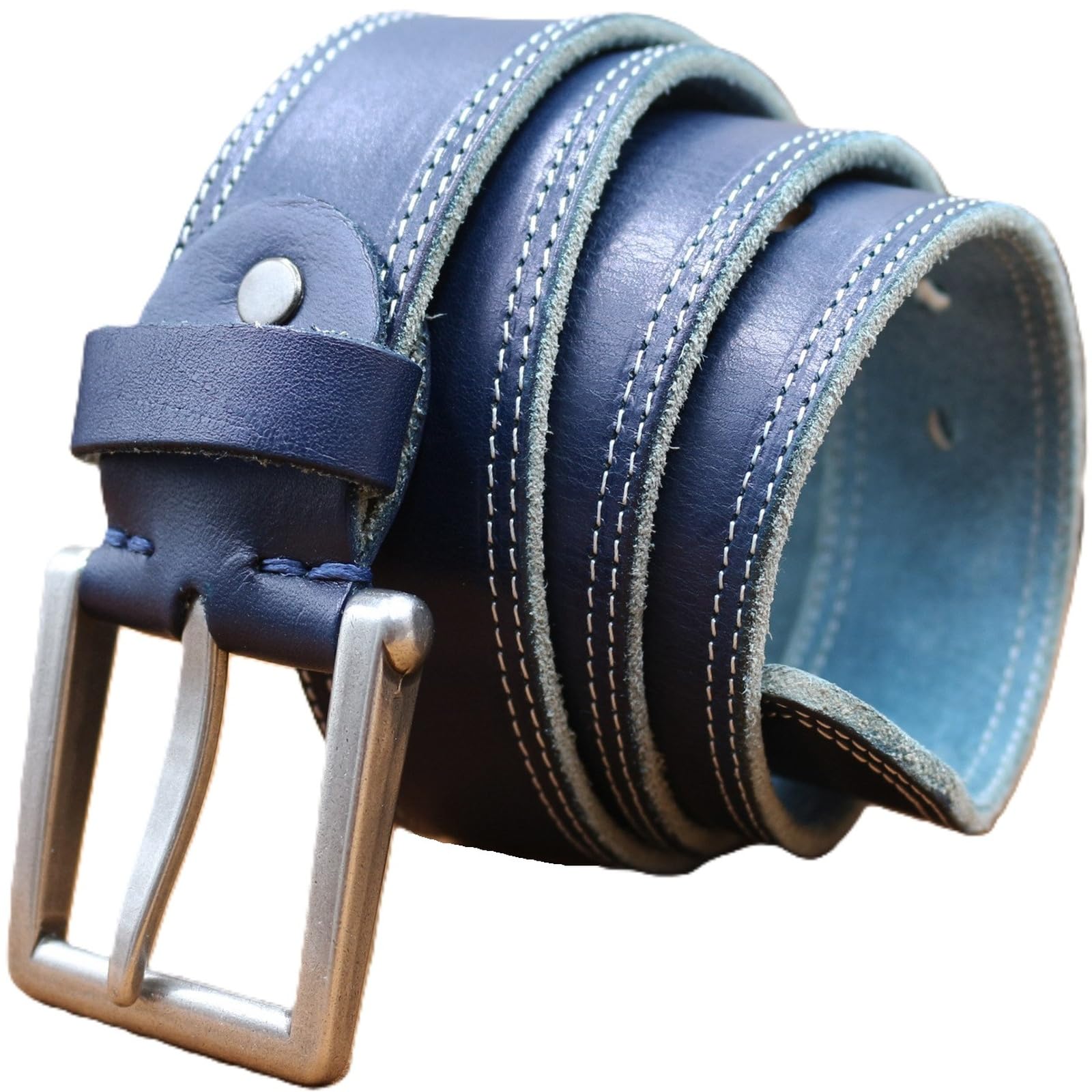 AGUTALITHIC Men's Women's Handmade Jeans Belt- 1.5" Double Row Stitch Full Grain Leather Waist Strap with Single Prong Buckle(120cm/47, Blue)