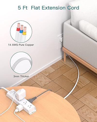 Miniatura 7 de ADDTAM - Tira de alimentación de enchufe plano, cable de extensión plano ultradelgado - ADDTAM 12 enchufes AC de lados 3 múltiples, 5 pies,