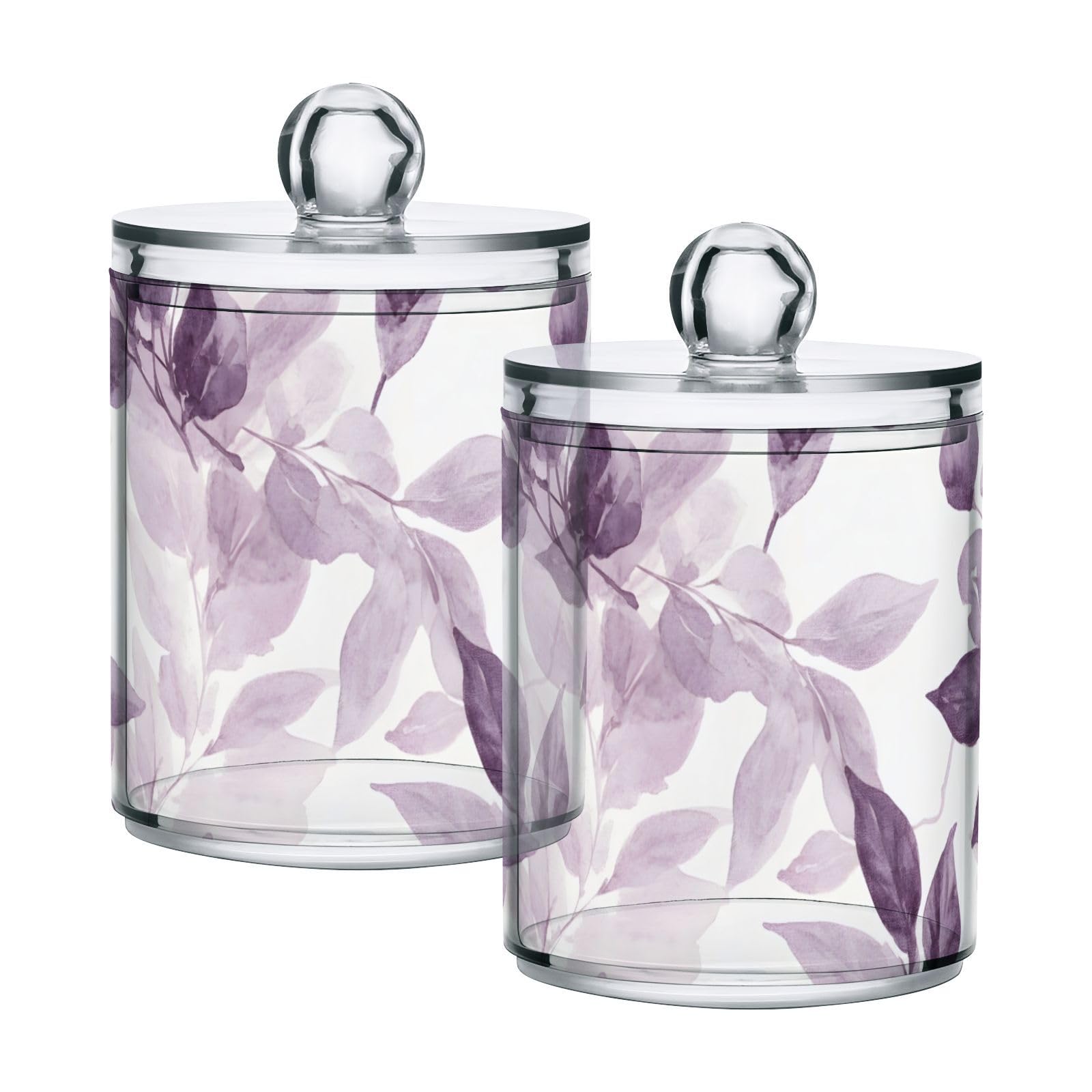 YMGQYJ 2 Pack Purple Leaves Qtip Cotton Ball Holder Dispenser with Lid, Plastic Jars Bathroom Canisters Storage Organizer