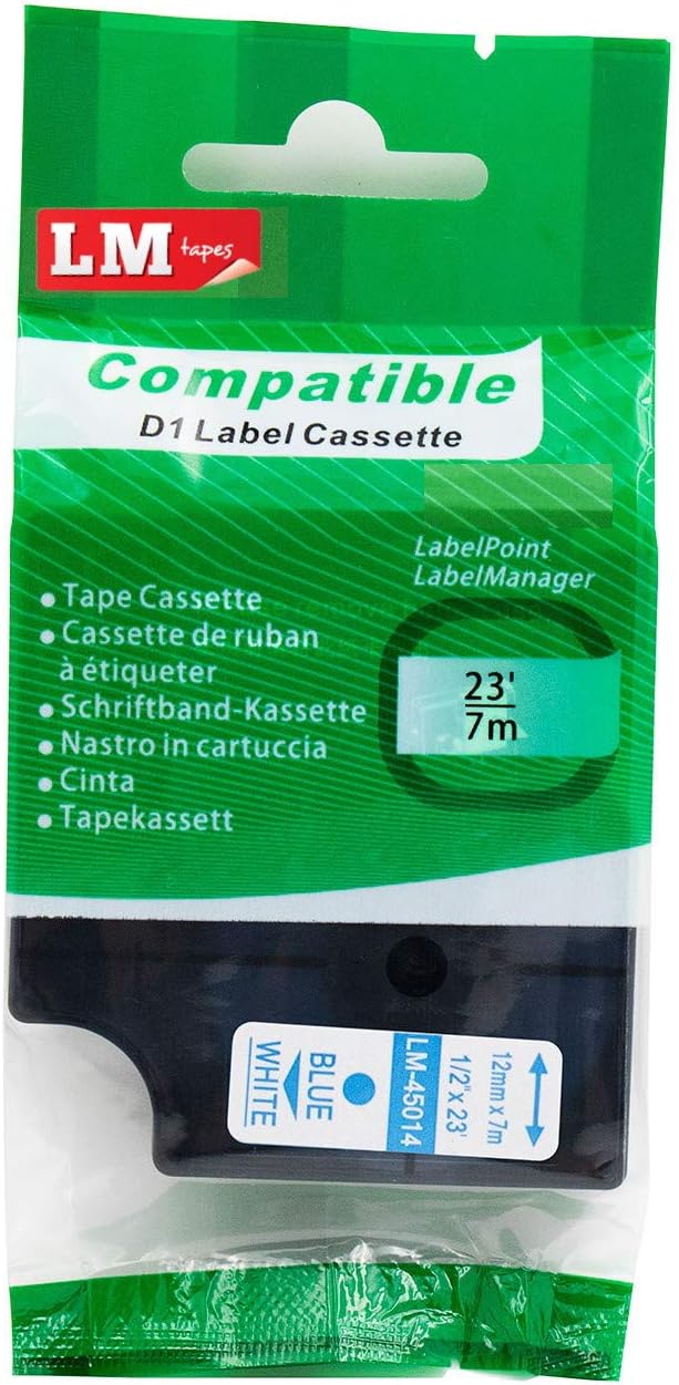 6/Pack LM Tapes - Premium LM-45014 1/2" Blue on White Label Maker Tape, Compatible with Dymo 45014 D1 Label Tape 12mm