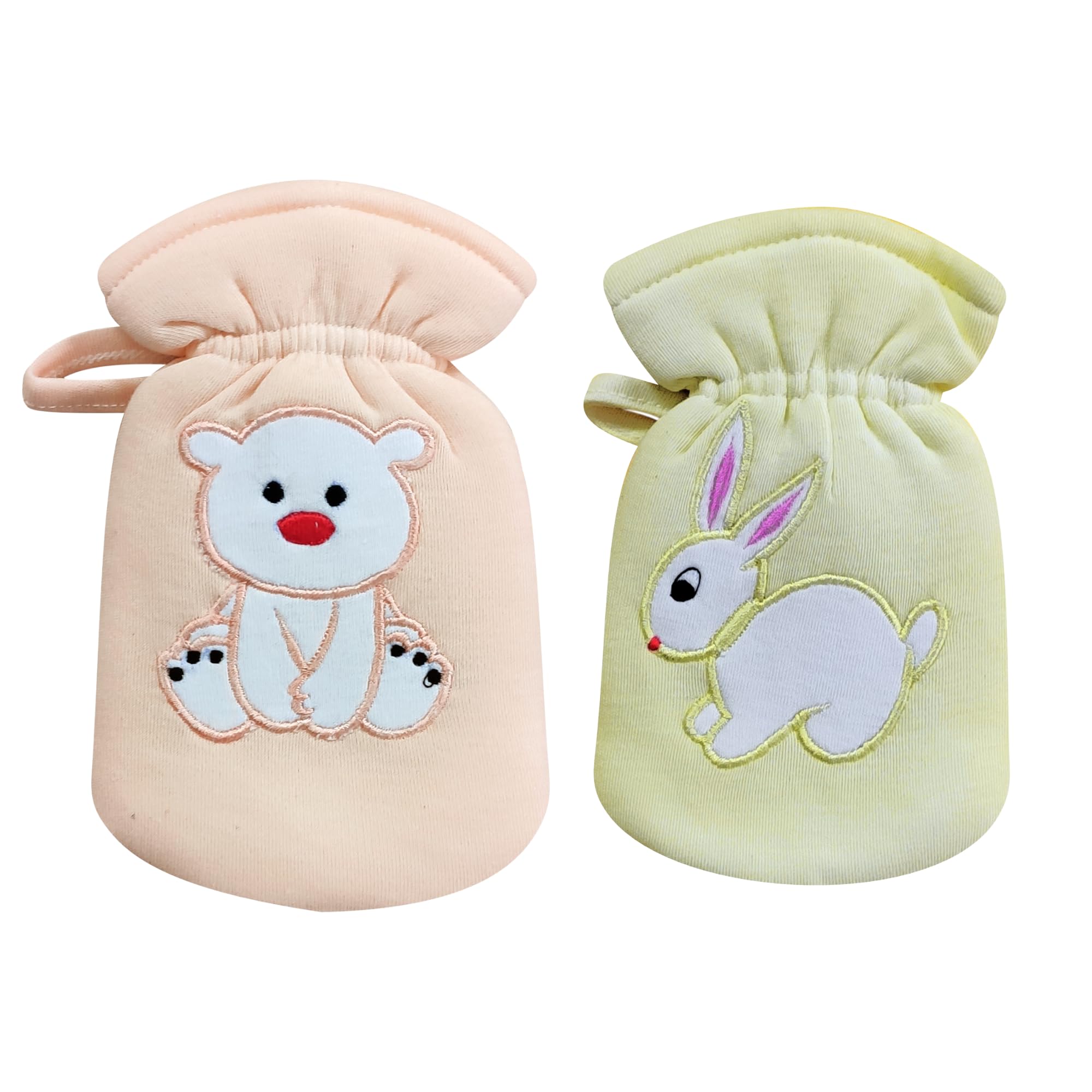 MW PRINTS Soft Cotton Baby Feeding Bottle Cover Set of 2 (60-125 ml) Embroidered Patch Cartoon Baby Bottle Covers Tote Bags, Pouch Hanging Loop on Neck, Easy to Grip Stretchable Neck Yellow & Peach-image-13
