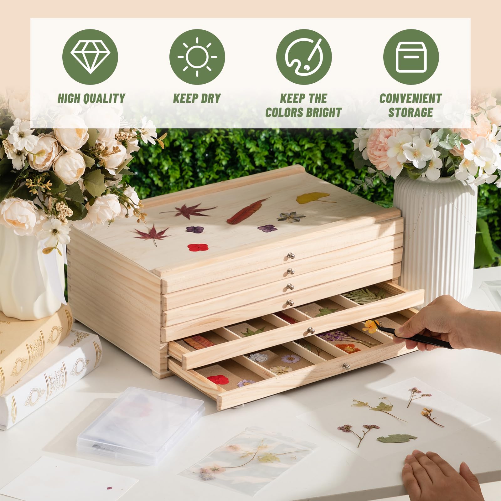 AceOrbit Aufbewahrungsbox aus gepresstem Holz mit 6 Schubladen, Künstlerbedarf, Aufbewahrungs-Organizer mit Löschpapier, Trockenmittel und Pinzette, getrocknete Blumen, Schubladenbox, Kunst-Organizer