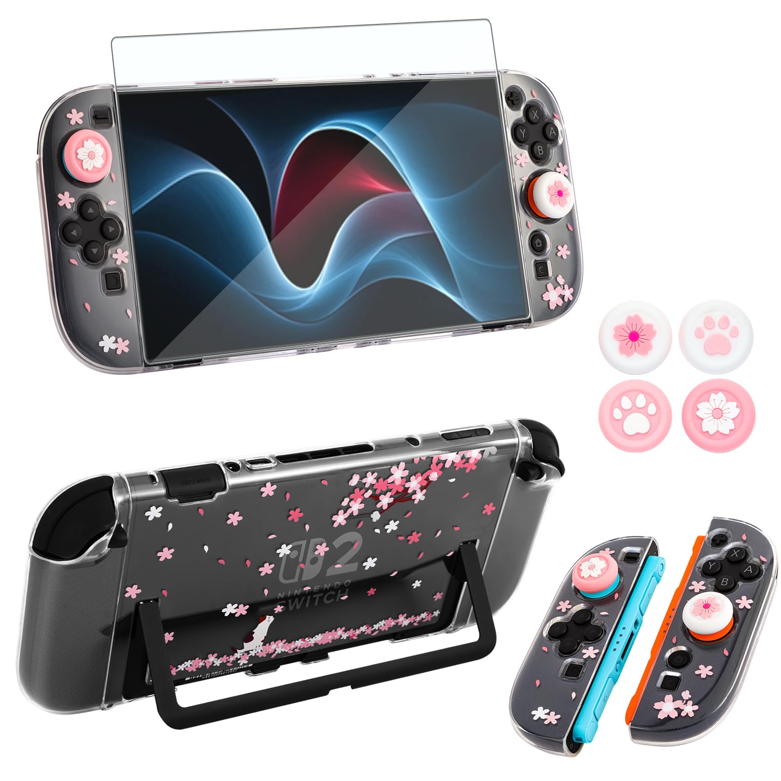 OLDZHU Hülle kompatibel mit Nintendo Switch 2 (2025) mit Displayschutz Aus Gehärtetem Glas und 4 Daumenkappen,Rosa Dockable Schutzhülle,Schockabsorption und Geteilte Konstruktion (Kirschblüten) - 1
