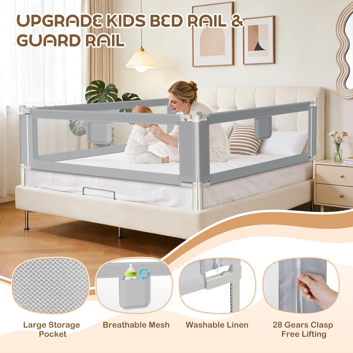 Rausfallschutz Bett Rausfallschutz Kinderbett, Bettgitter, Bettschutzgitter, luftiges Netz, einfache Montage, 200 cm lang,Dunkelgrau