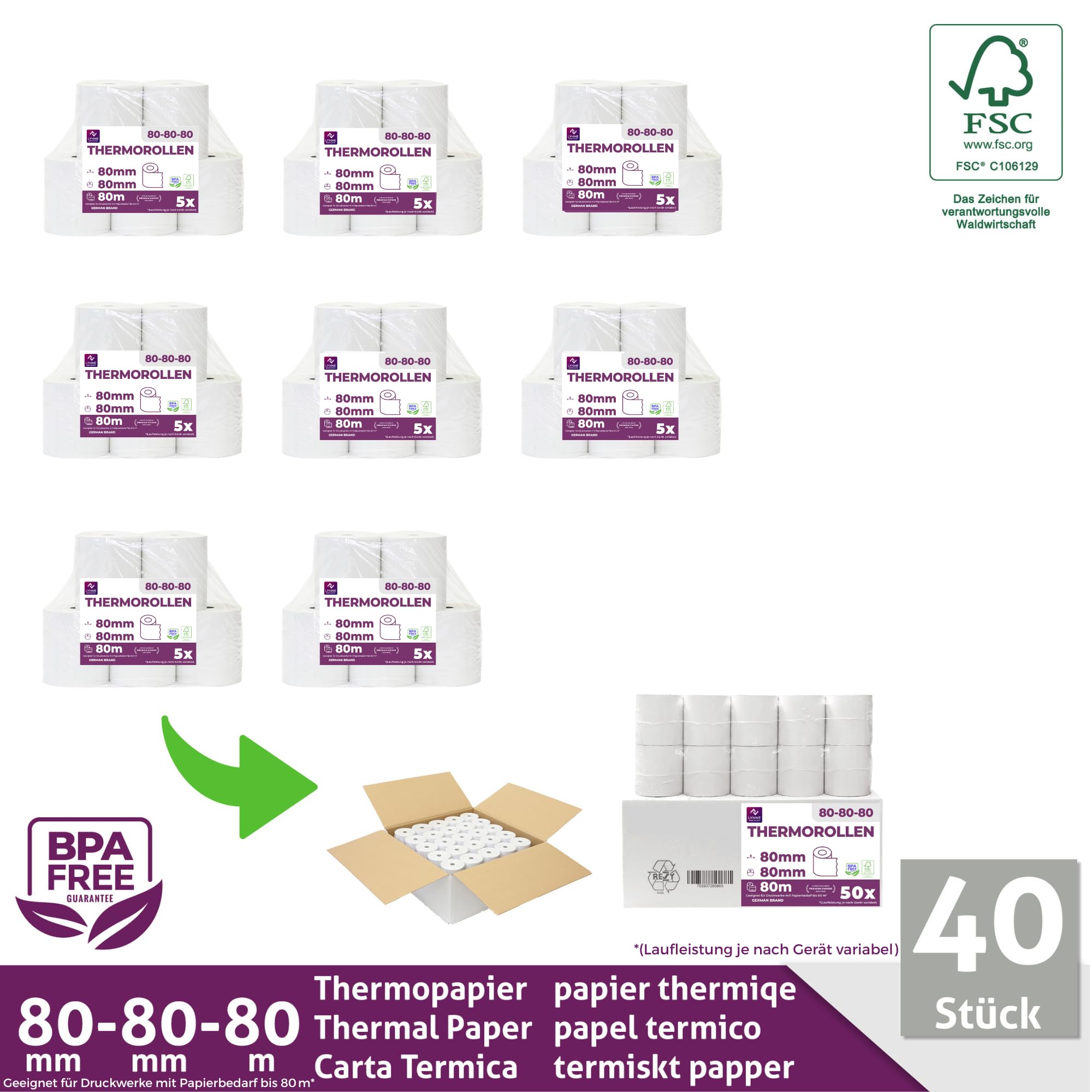 LYNNE - Rollos Papel Termico 80x80 para Impresora de Tickets - Para caja registradora con impresora de recibos - Papel impresora Termica 80x80x12 - Rollo Papel térmico 80mm x 80mm x 80m - [40x]