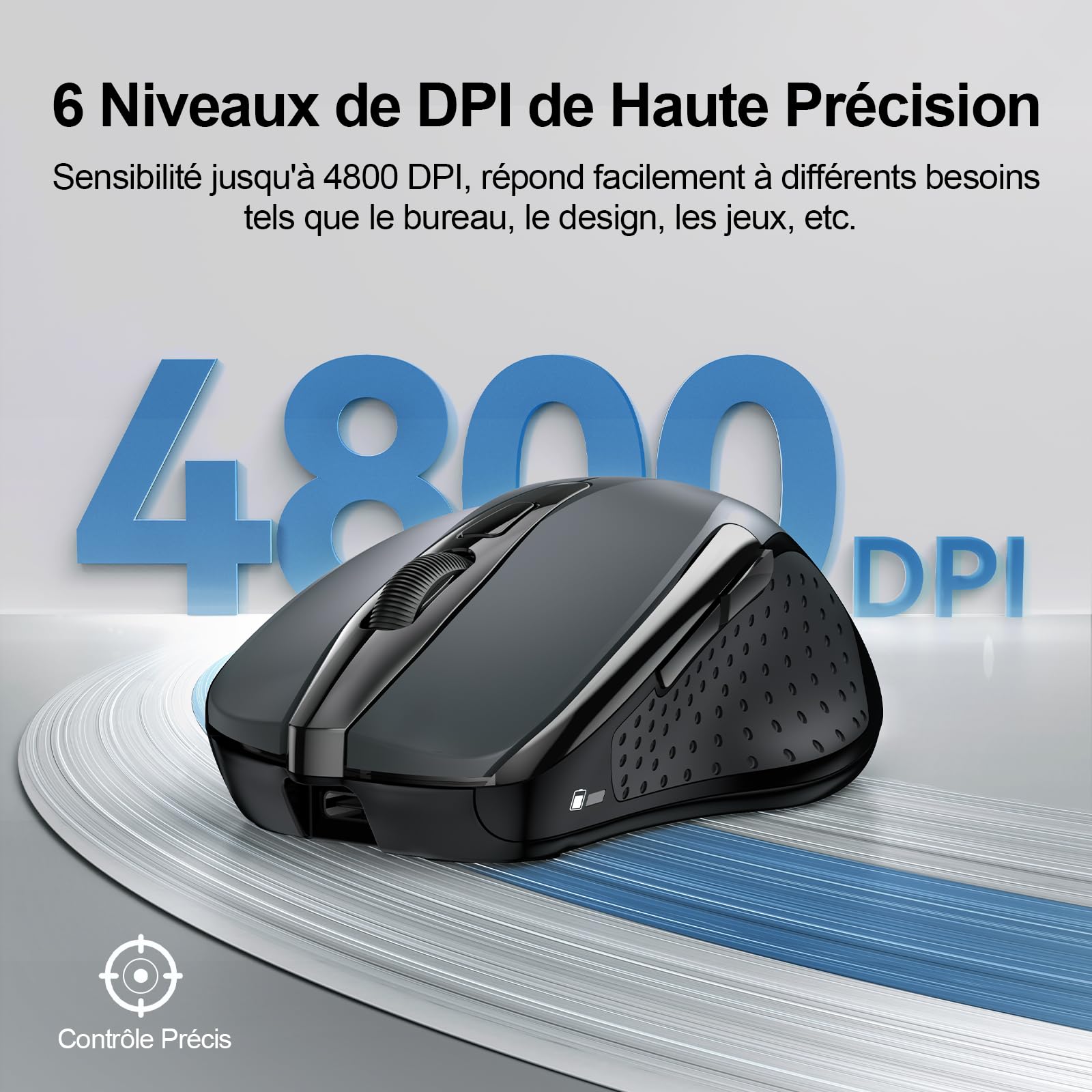 TECKNET Souris sans Fil Rechargeable Silencieuse 4800 DPI 6 Boutons Ergonomiques USB 2,4G Gris