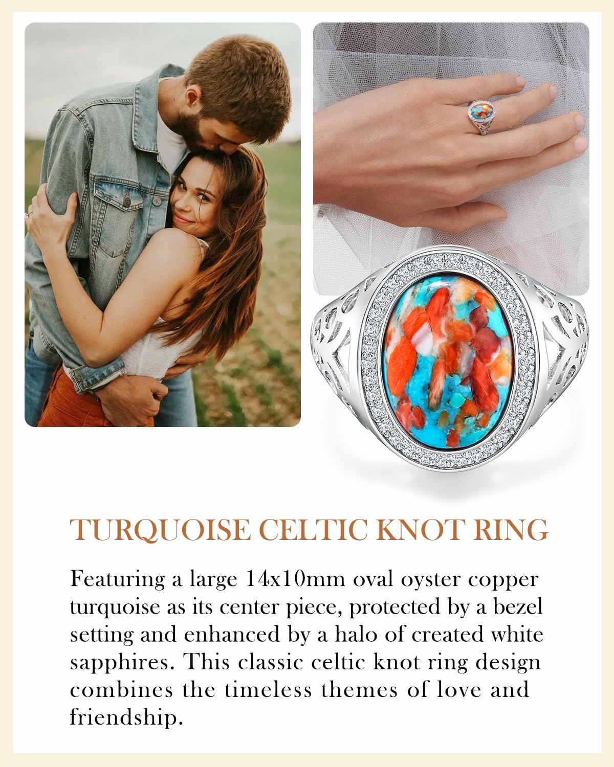 AIBAO 4-12 Ct Large Oval Engagement Rings for Women Natural Turquoise/Lapis Lazuli/Malachite Celtic/Infinity/Love Knot Halo Ring Size 6 to 10 Anniversary Christmas Valentines Gift