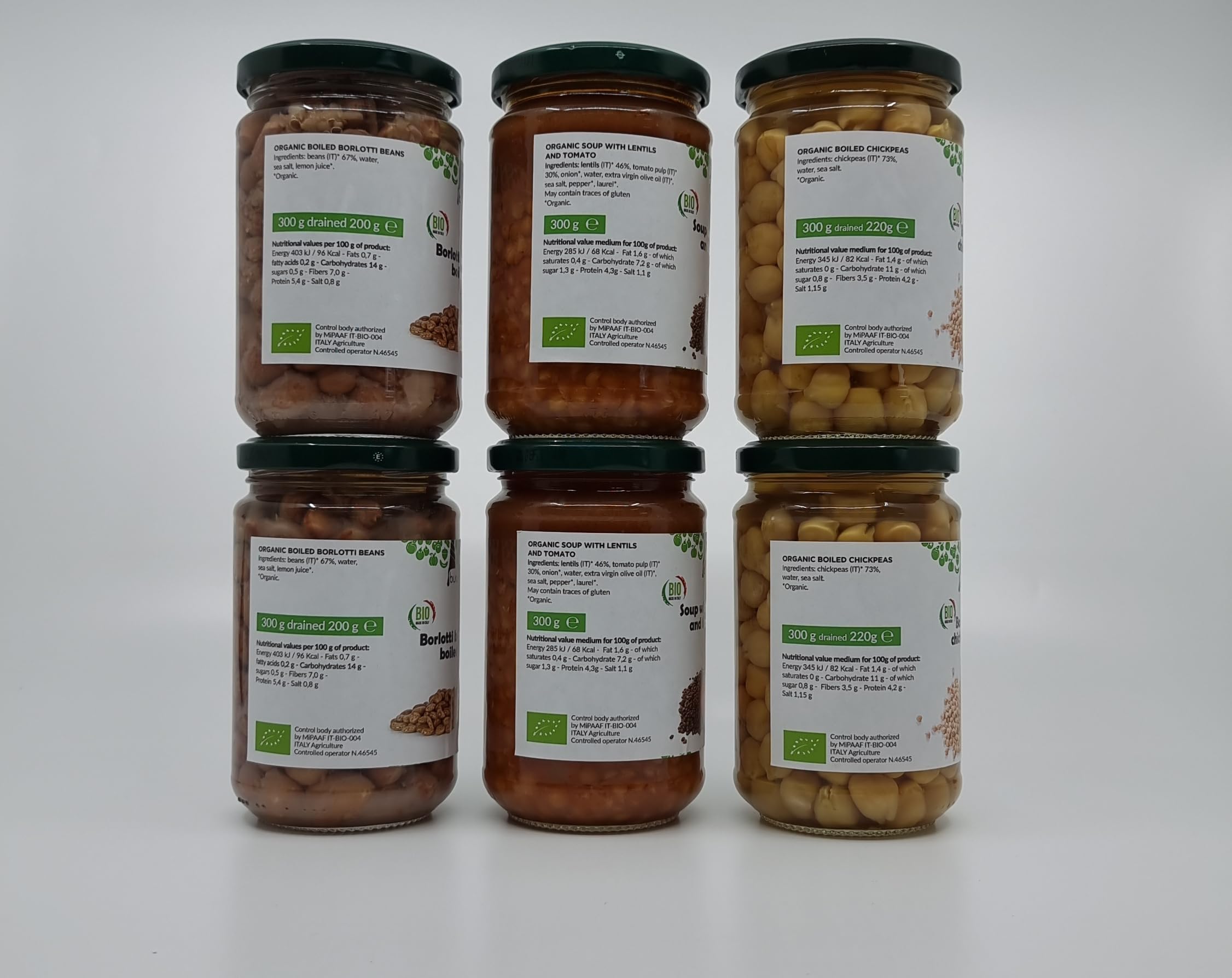 buononaturale Boîte aux légumes BIO 1,8kg — mélange de légumineuses italiennes bouillies: 2pcs Lentilles au tomate BIO, 2pcs Haricots borlotti bouillis BIO et 2pcs Pois chiches bouillis BIO (6x300g)