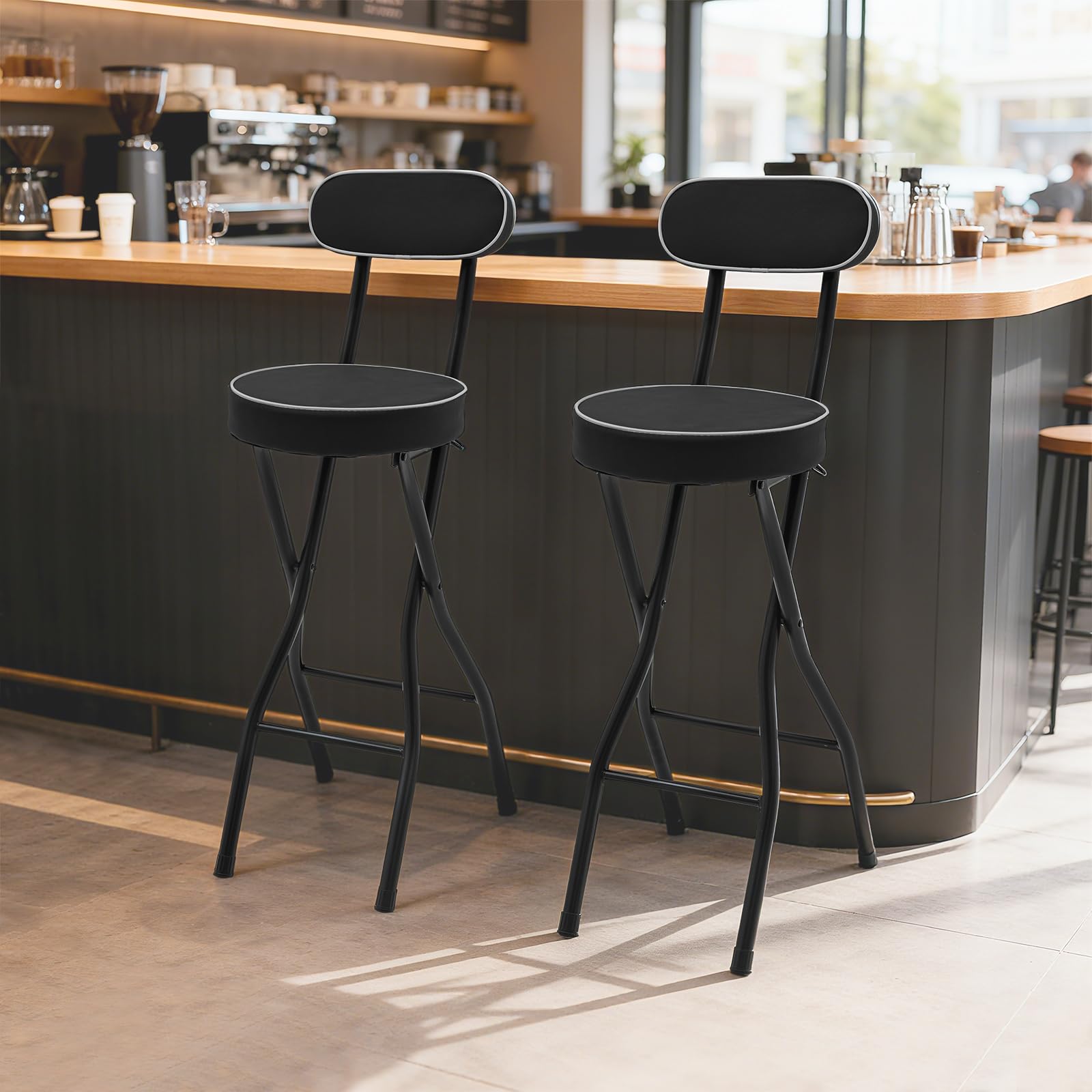 Juego de 2 taburetes plegables con respaldo, sillas de bar portátiles para exteriores, sillas altas acolchadas, taburetes plegables para bar, mostrador, cocina, balcón, jardín, altura del asiento 65