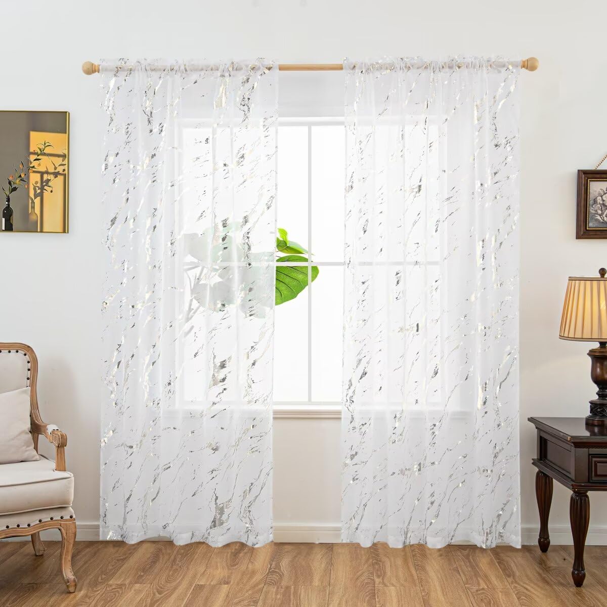 youleyar Silver Foil Print Voile Sheer Curtains,Marble Rod Pocket Top Window Drapes 84 Inches Long, Luxury Metallic Bronzing Treatment Panels for Home Window Decoration, 2 Panels 52"W x 84"L (Pack of 2) Marble/Silver
