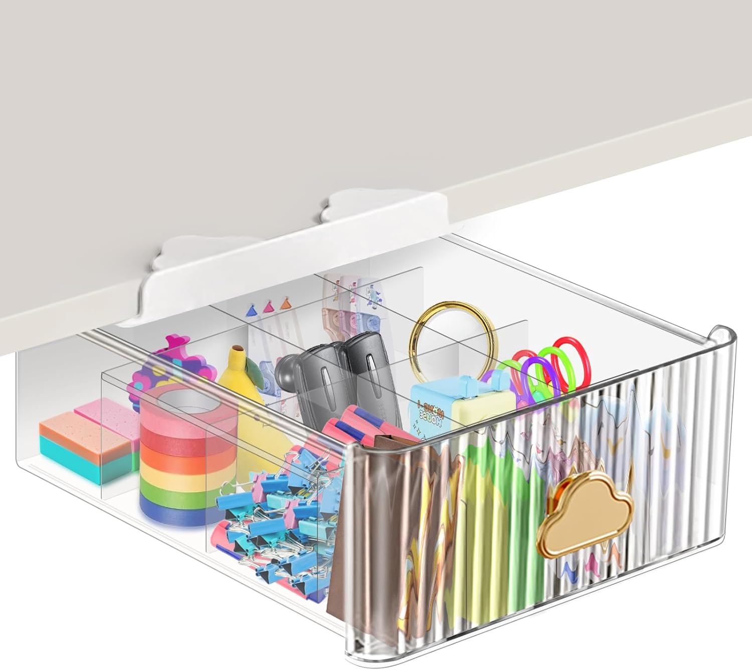 Under Shelf Drawer Pull Out Under Cabinet Storage, Clear Organizer for Closet Shelves with 16 Cells Detachable Divider, Self-Stick Under Table Drawer for Cabinet