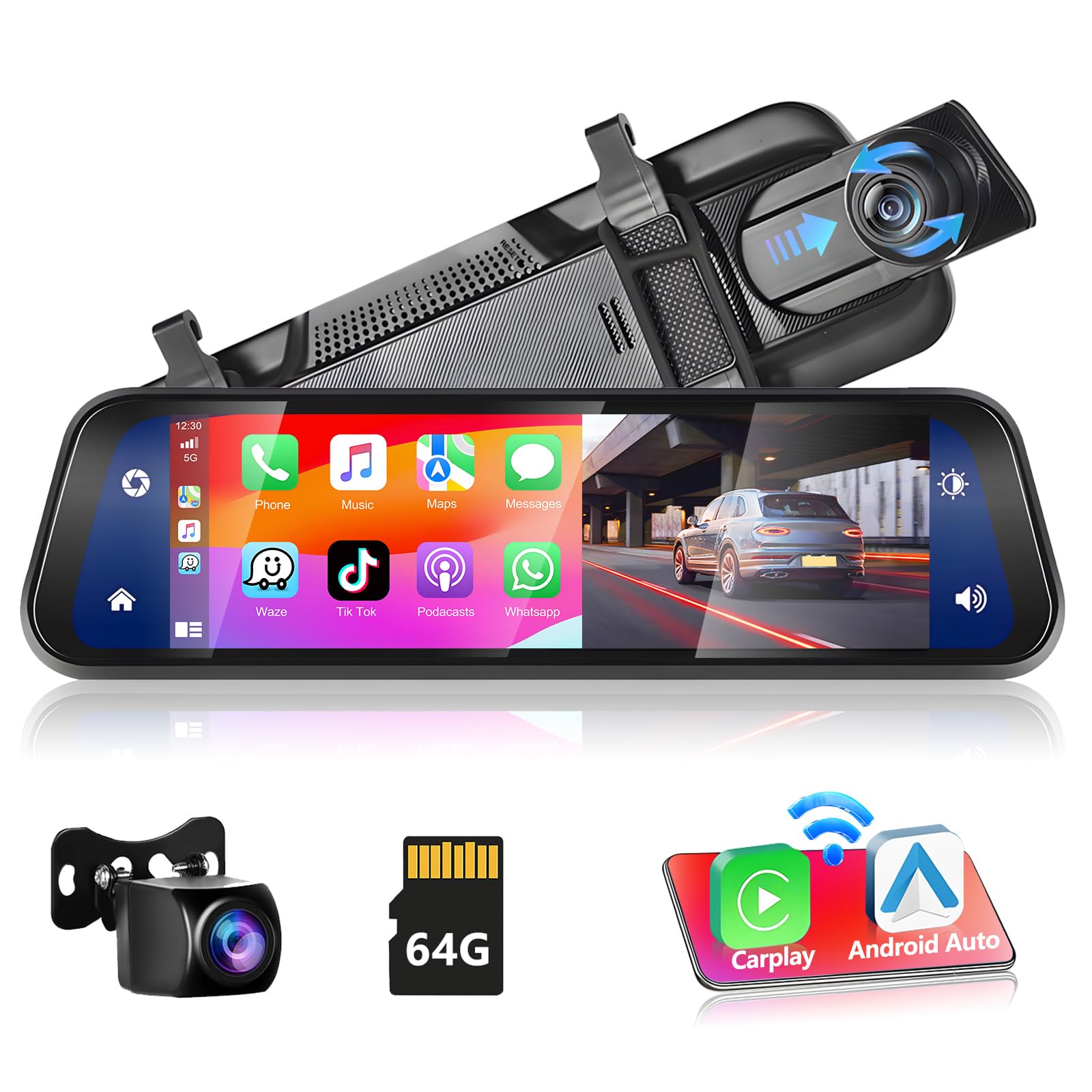 Podofo Specchietto Retrovisore Dash Cam 9.66" IPS Touch Screen Con Wireless Carplay, Android Auto, Dual 1080P Dashcam, 2 Schermi Divisi