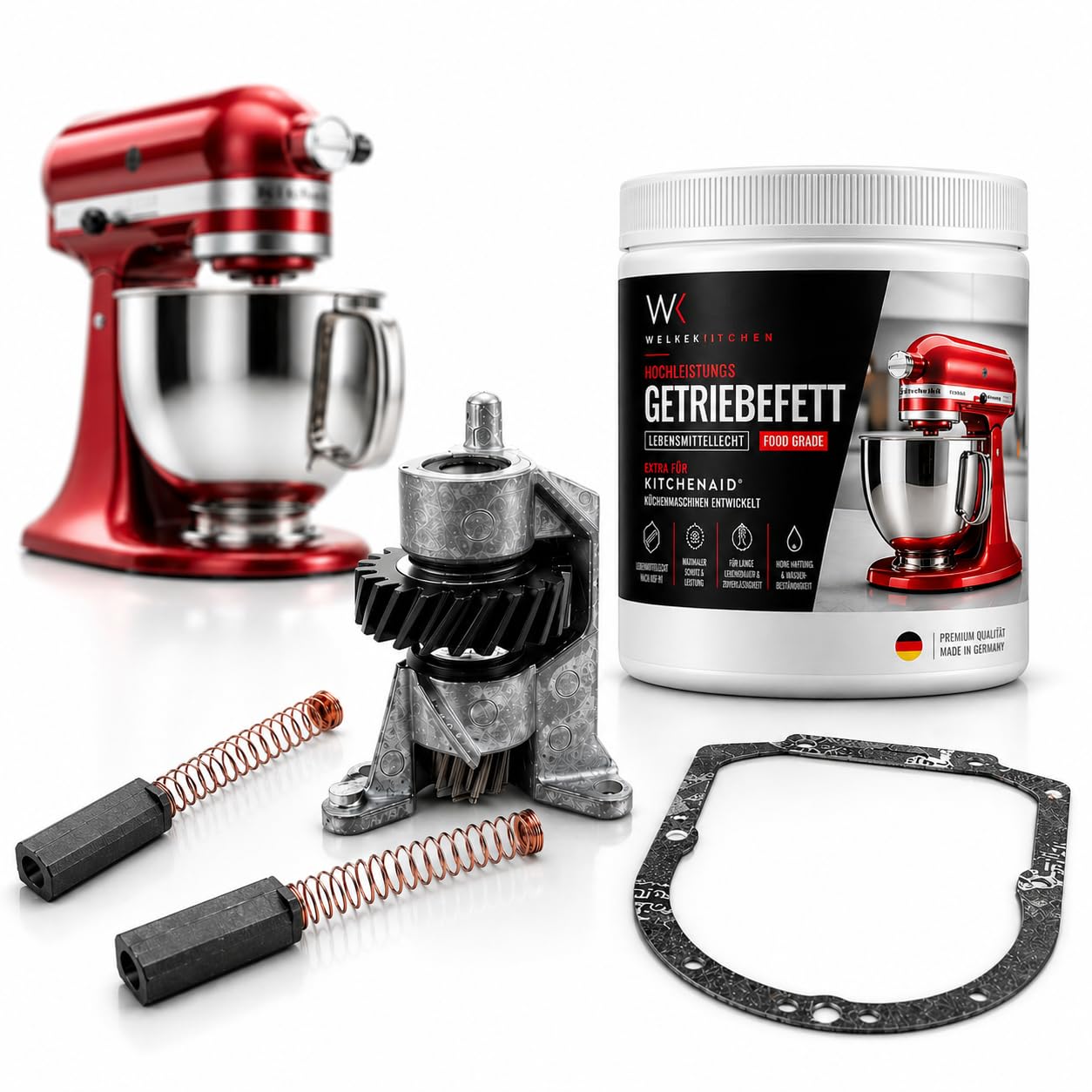 Welikekitchen Zestaw konserwacyjny kompatybilny z robotami kuchennymi KitchenAid – koło zębate, uszczelka, smar przekładniowy i szczotki węglowe (2 sztuki) – zestaw naprawczy do Artisan, Classic