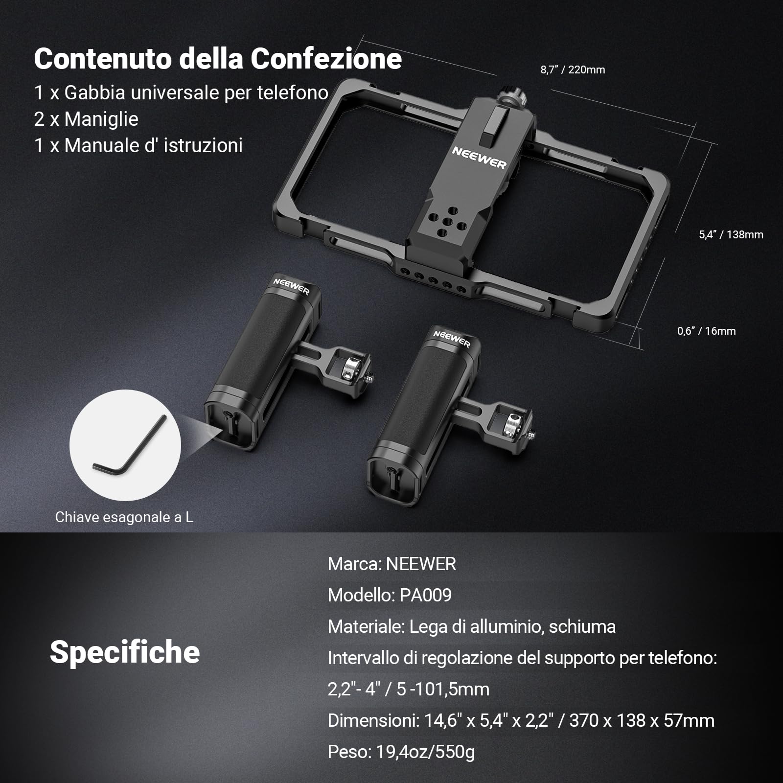 NEEWER Kit Vlogging Rig Telefono Aggiornato, Stabilizzatore Video con Doppia Maniglia, Slot per Clip Mic per Tiktok/YouTube, Compatibile con SmallRig iPhone 16 15 14 13 Pro Max Galaxy S23, PA009