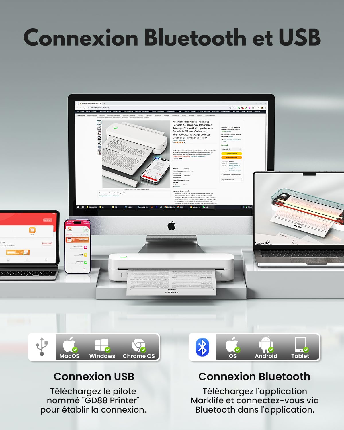 Imprimante Thermique Portable A4 sans Encre Bluetooth Compatible Android iOS Ordinateur