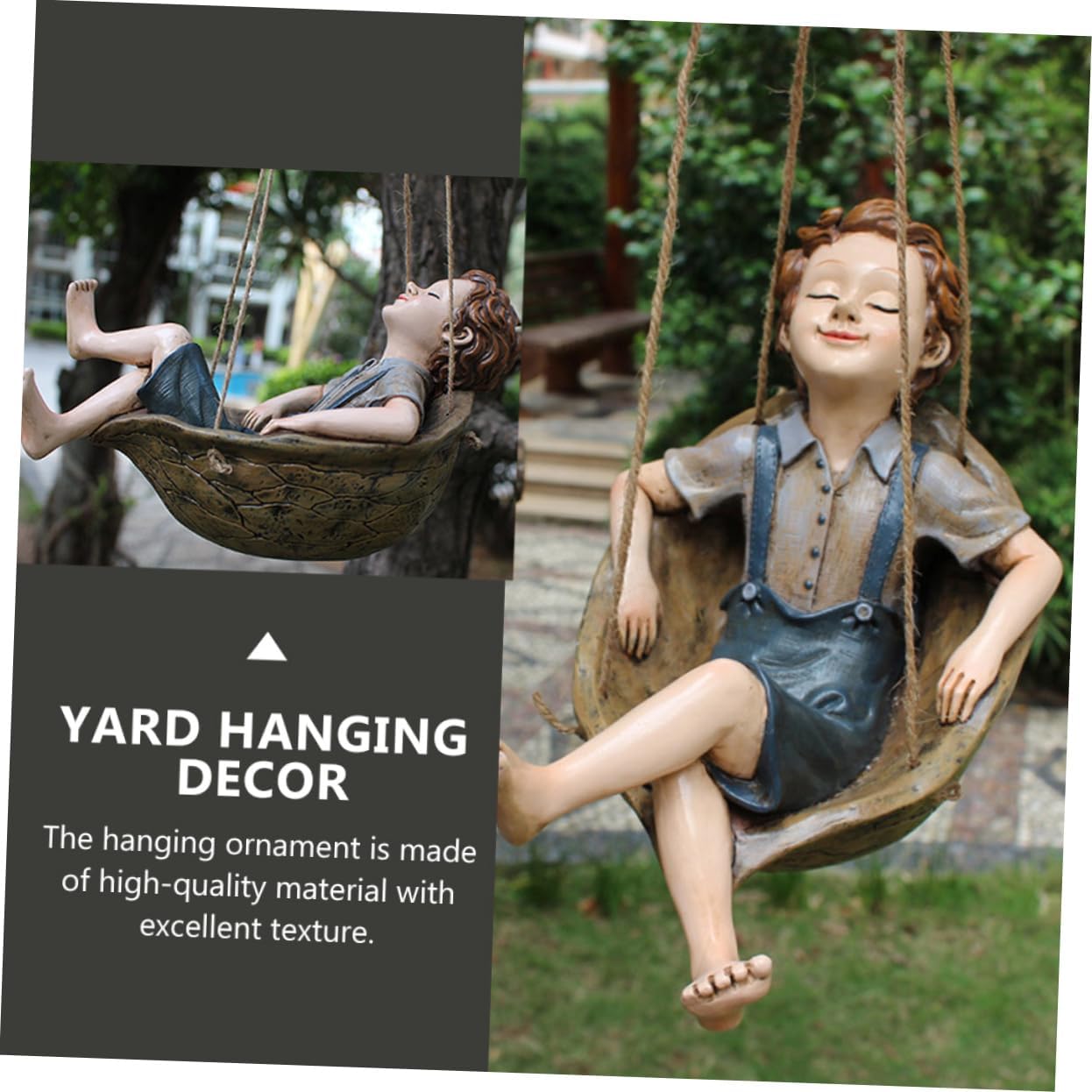 Vaguelly Resin Swing Boy Pendant Hand-Painted Walnut Ornament for Outdoor Garden Decor for Yard and Home Decoration